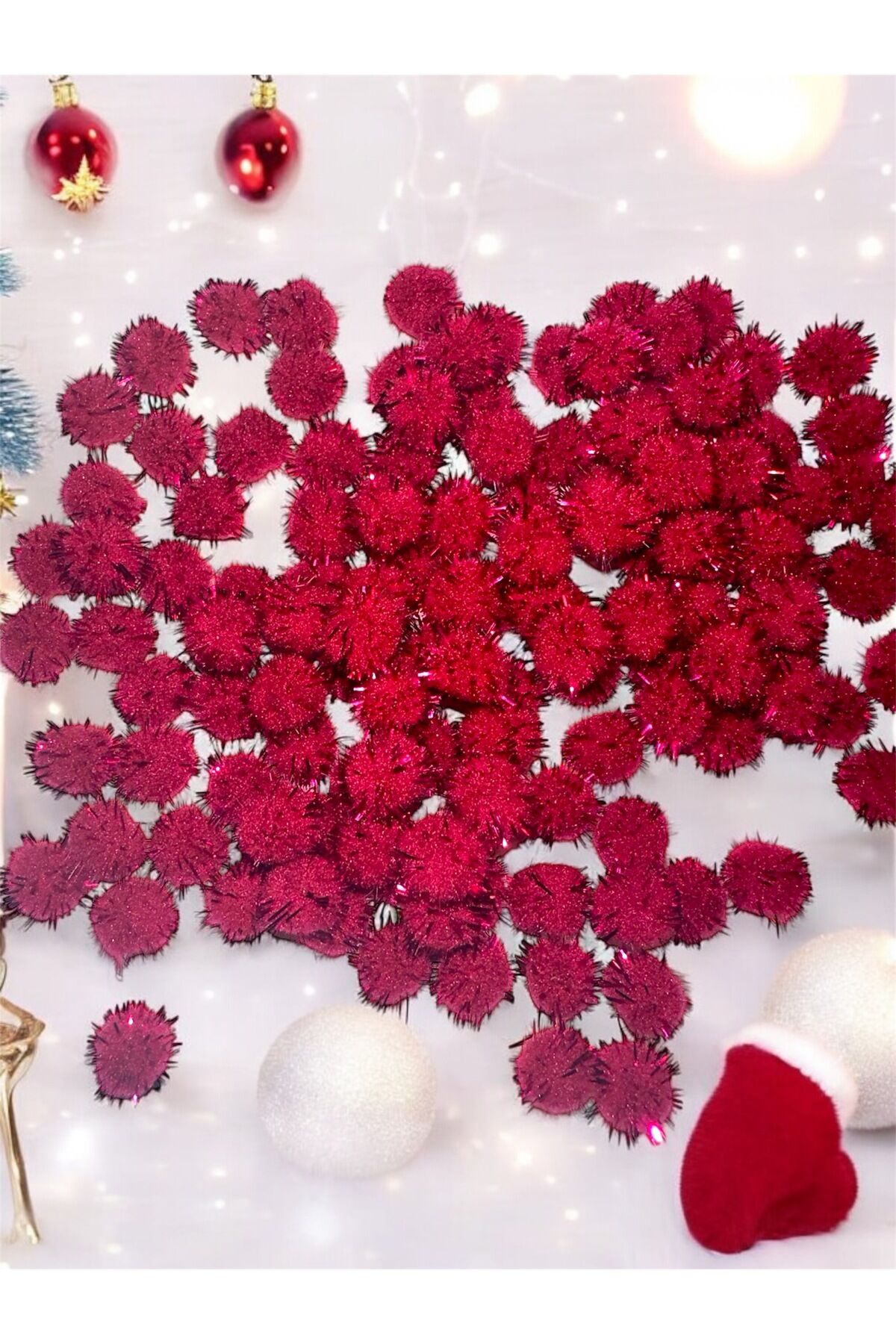 Simli Kırmızı Peluş Ponpon Set 30 Adet Simli Ponpon Yılbaşı Süsü Süsleme Ponpon Parlak 1 Cm