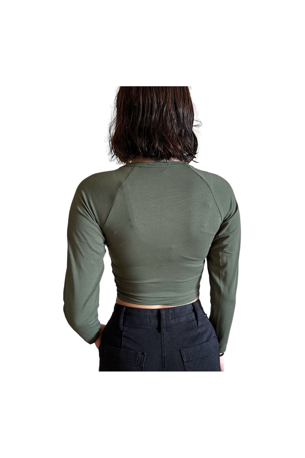 Derin yaka penye Crop Soft touch crop bele oturan crop yeşil - L