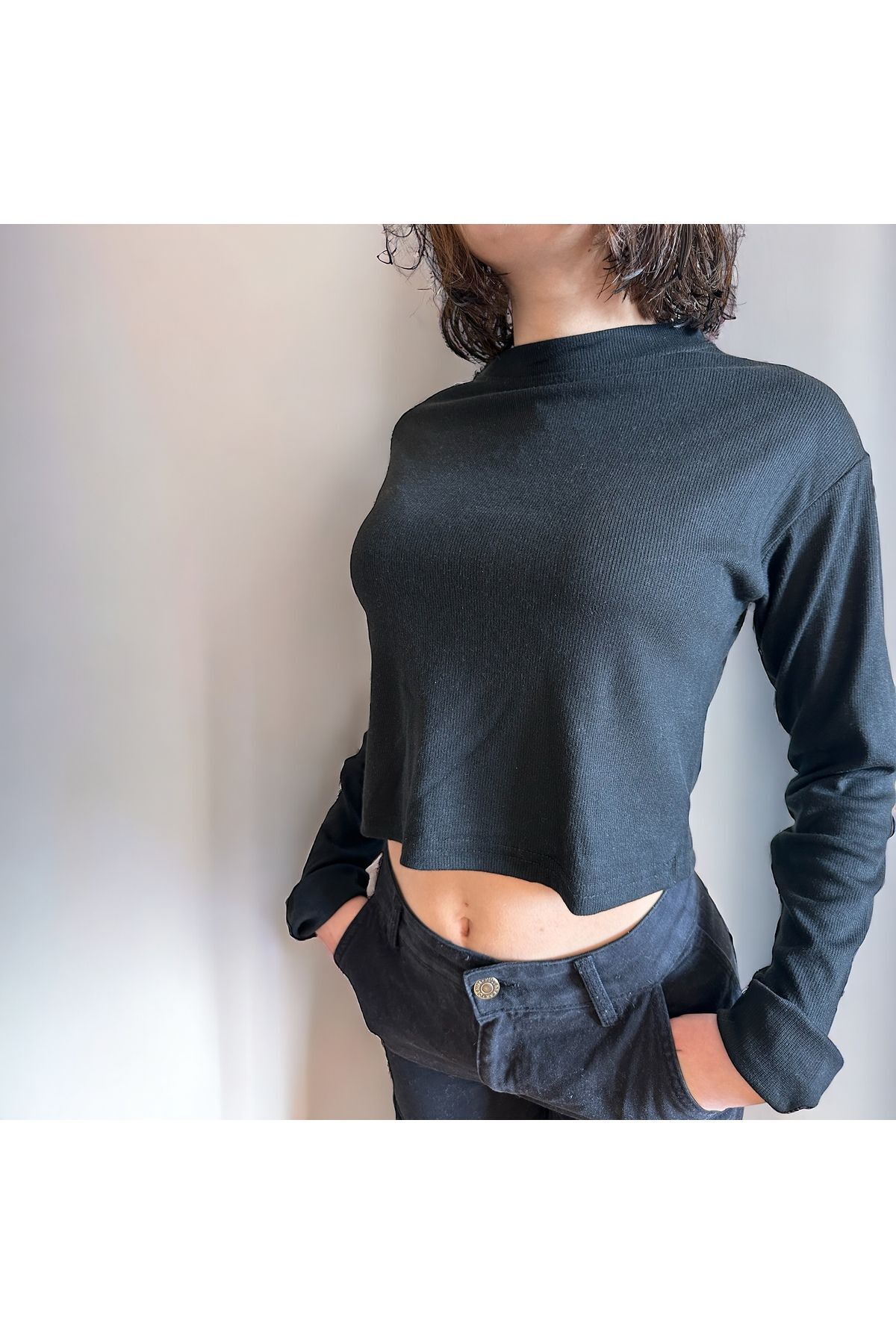 Geniş yaka salaş crop Geniş yaka fitilli crop kayık yaka yumuşak bluz siyah - S/M