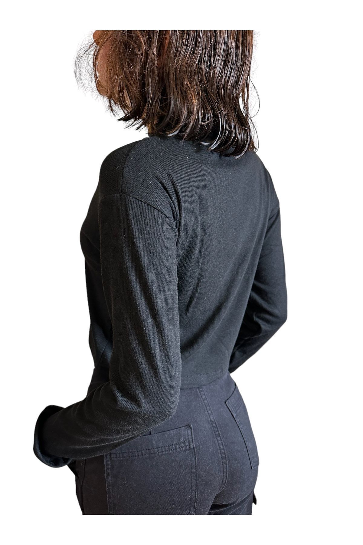 Geniş yaka salaş crop Geniş yaka fitilli crop kayık yaka yumuşak bluz siyah - S/M