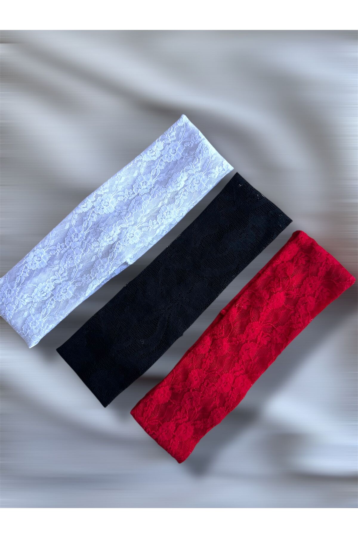 Dantel saç bandı dantel set bandana 3 adet saç bandı kırmızı,beyaz,siyah dantel