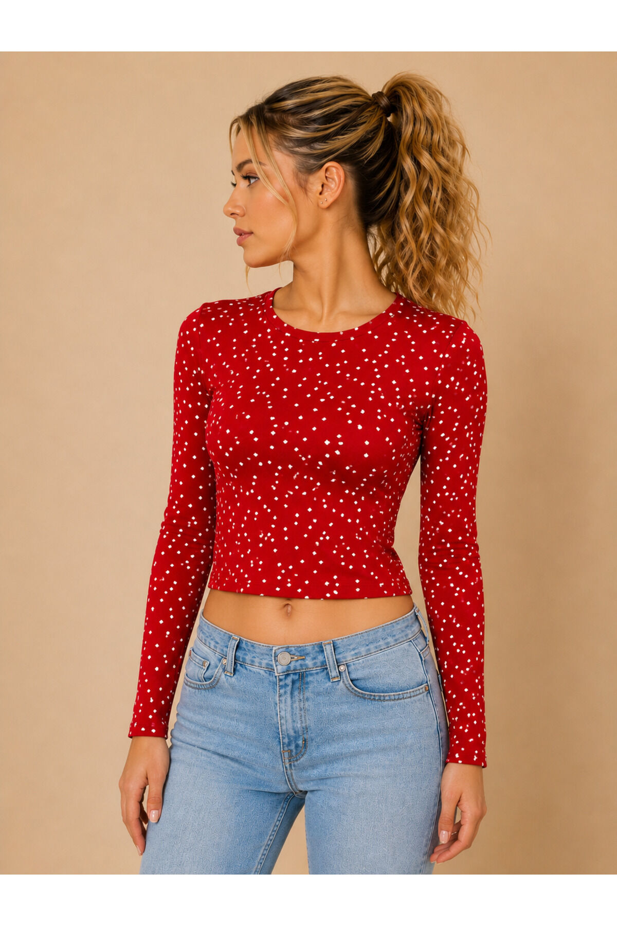 Kırmızı Kalp Desenli Uzun Kollu Crop Bluz – Y2K Stil Kadın Crop Top M