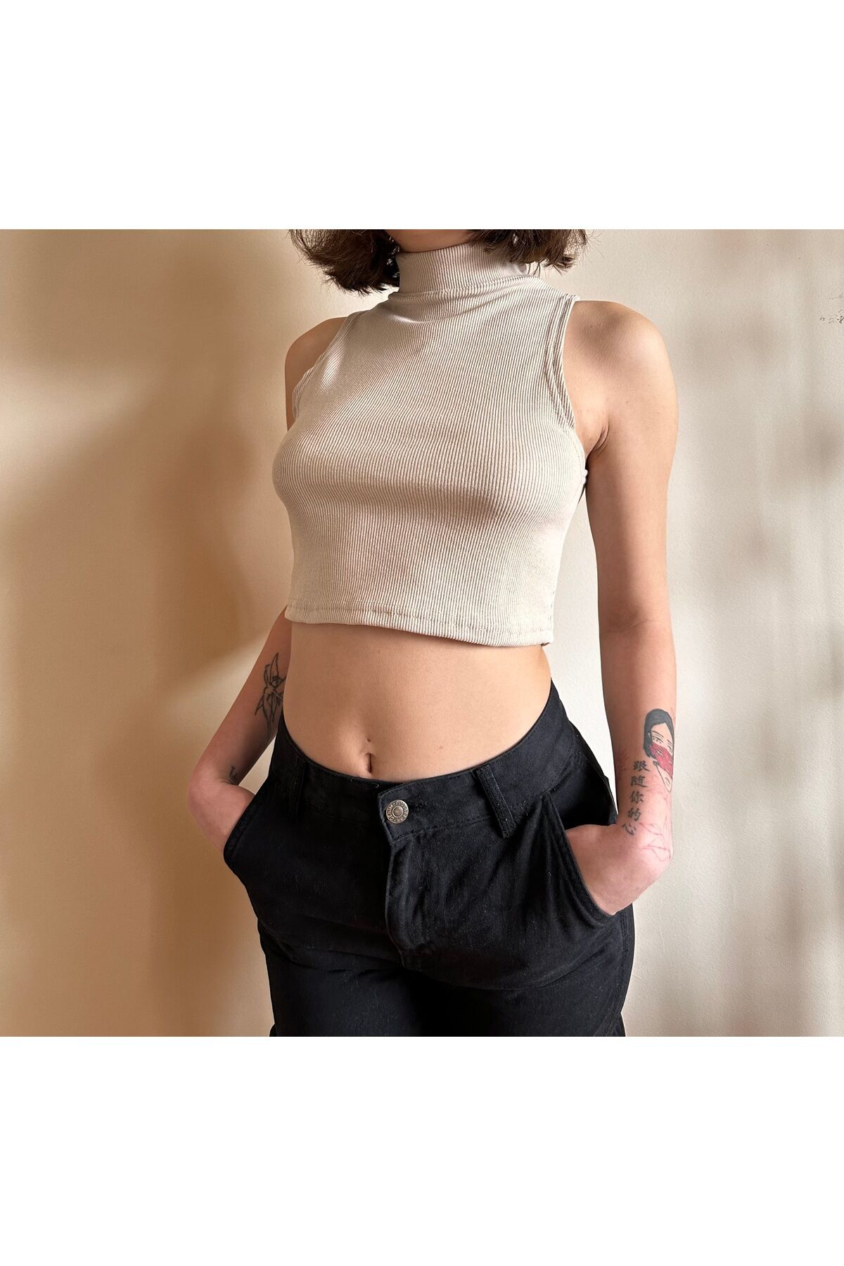 Bej dik yaka kolsuz crop Fitilli kolsuz crop dik yaka body L