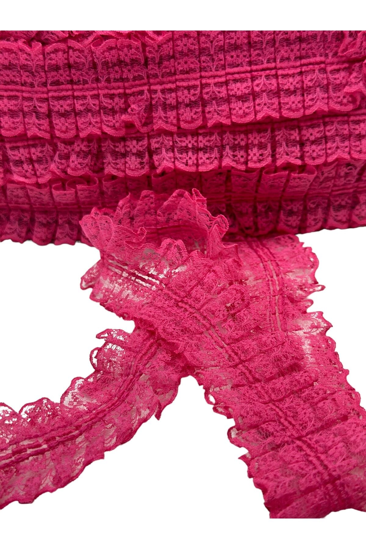 İnci dantelli şerit fırfırlı dantel 2 metre  Kalın dantelli şerit pembe