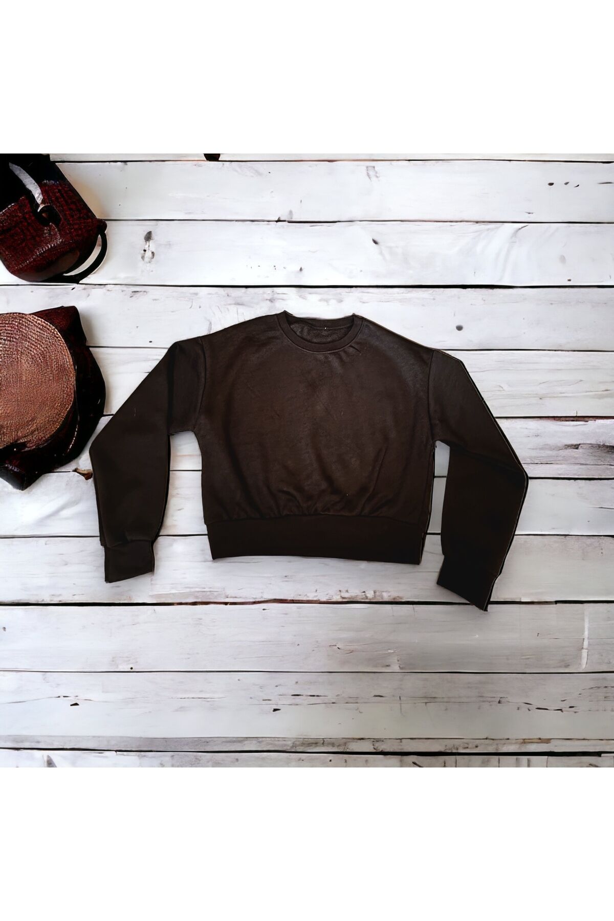 Crop Bol Kesim Üç Iplik Crop Polarli Sweatshirt