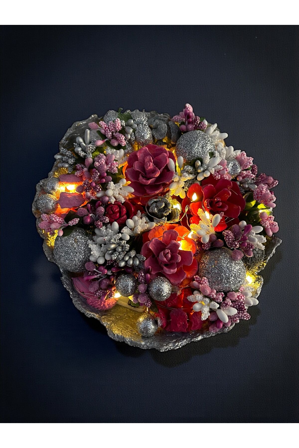 Tasarım Dekoratif kaseler Kozalak Dekoratif kase Led ışıklı Kase 25×22 cm Pembe kozalak