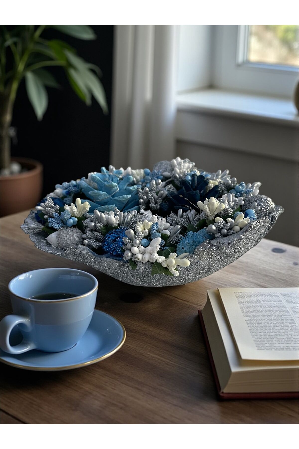 Tasarım Dekoratif kaseler Kozalak Dekoratif kase Led ışıklı Kase 25×22 cm Mavi kozalak