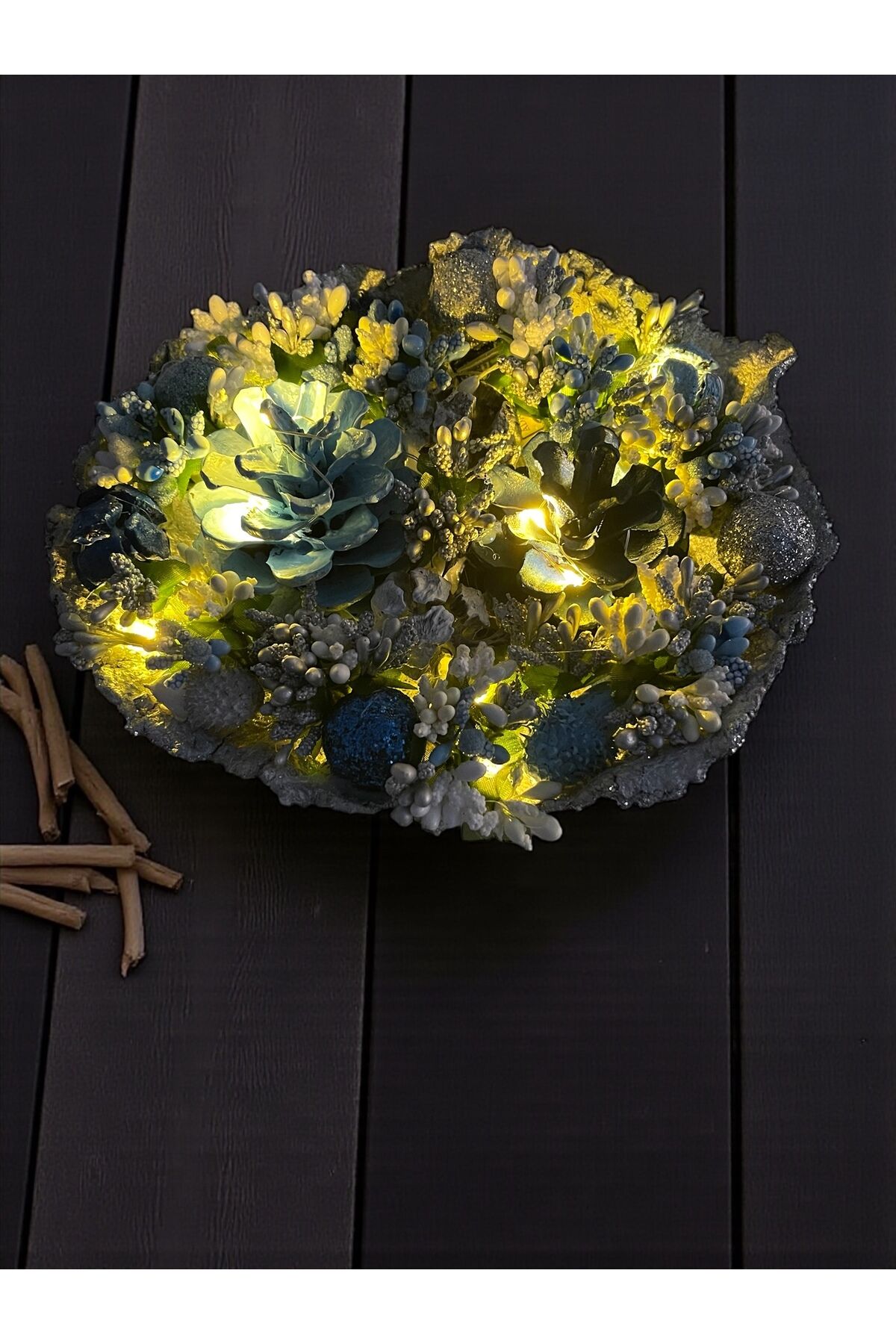 Tasarım Dekoratif kaseler Kozalak Dekoratif kase Led ışıklı Kase 25×22 cm Mavi kozalak