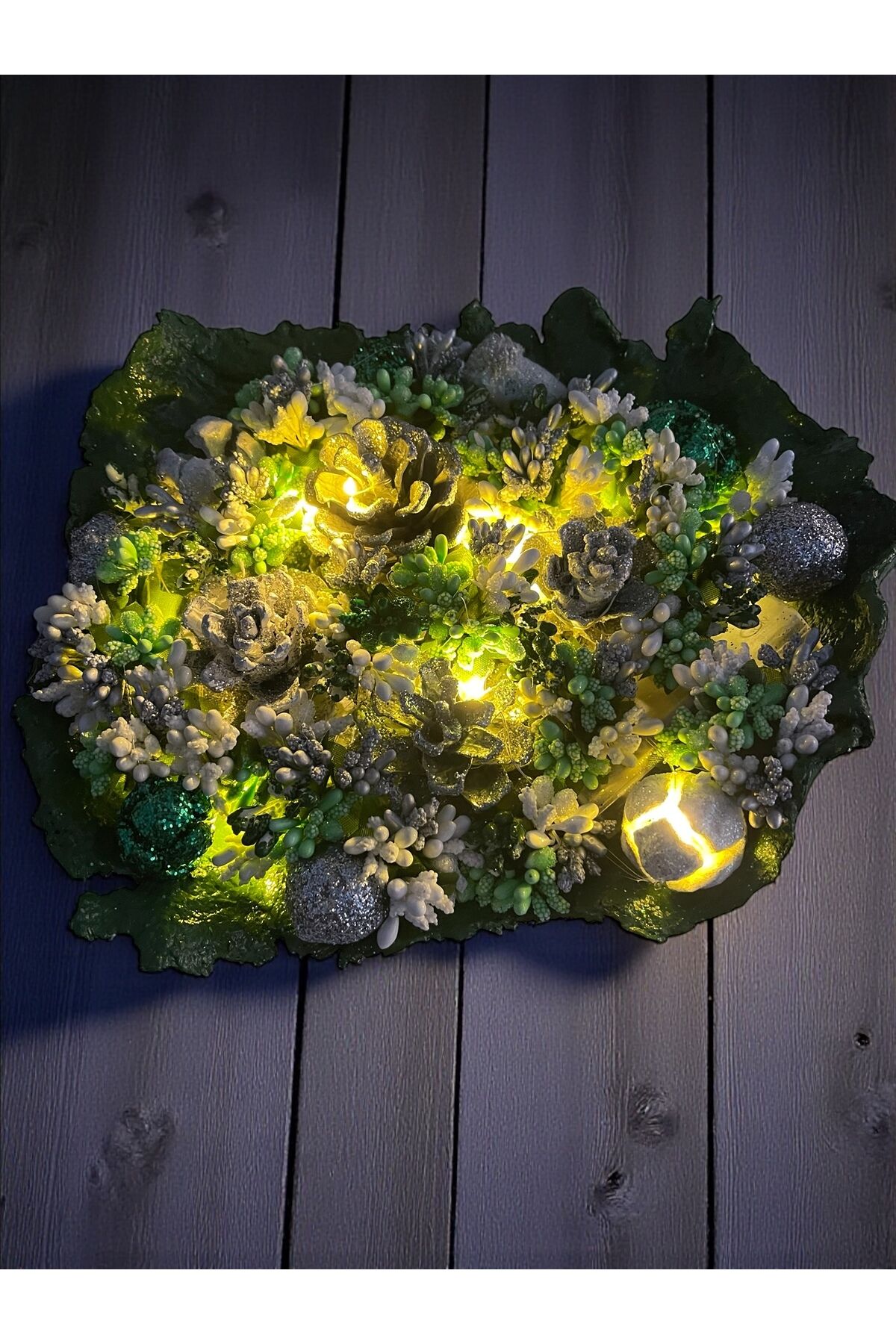 Tasarım Dekoratif kaseler Kozalak Dekoratif kase Led ışıklı Kase 25×22 cm Yeşil kozalak