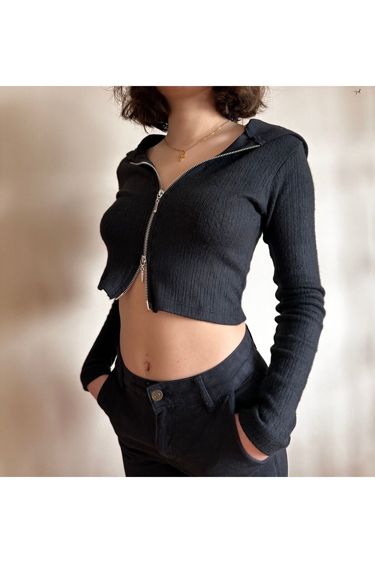 Çift fermuarlı crop Yumuşak soft kumaş fermuarlı kapüşonlu crop