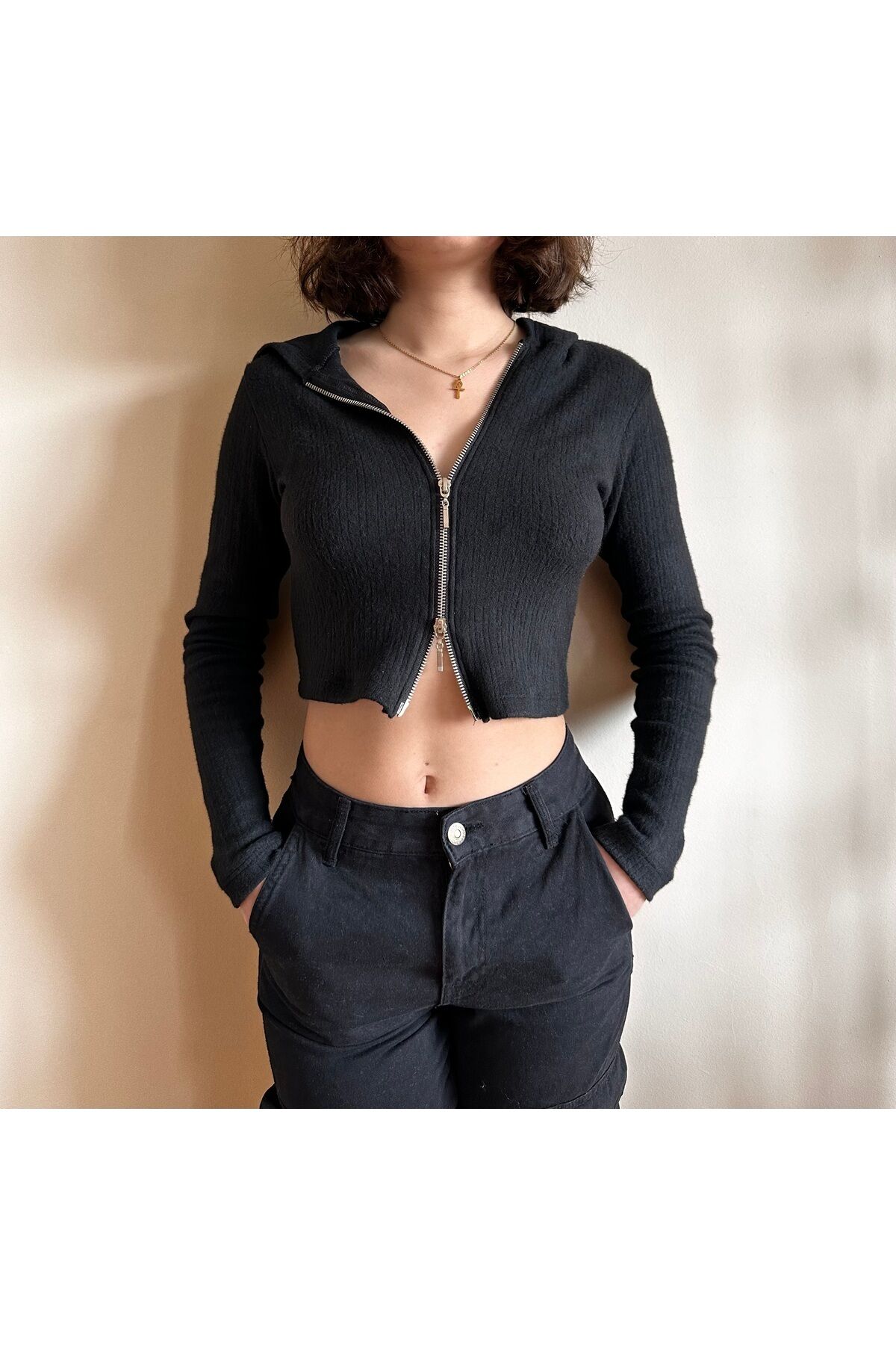 Çift fermuarlı crop Yumuşak soft kumaş fermuarlı kapüşonlu crop