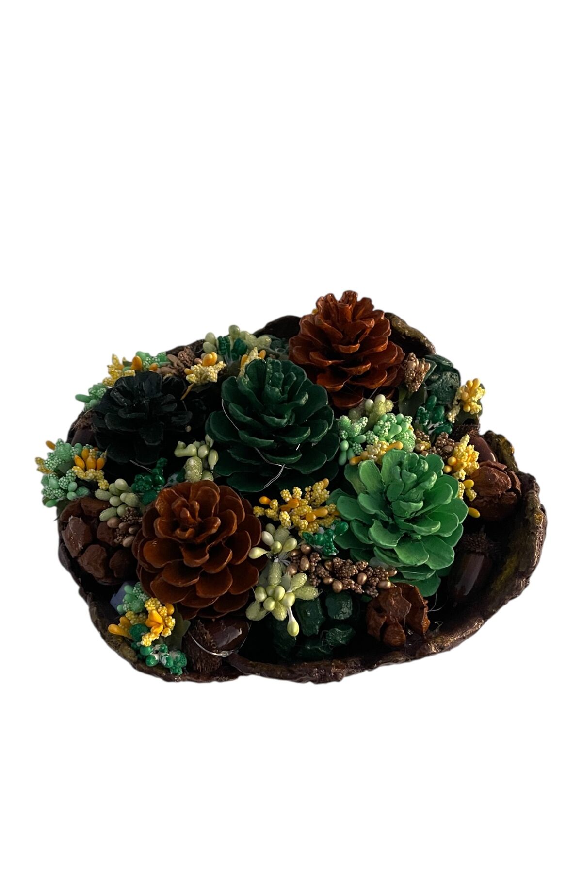 Tasarım Dekoratif kaseler Kozalak Dekoratif kase Led ışıklı Kase 25×22 cm Kahverengi kozalak