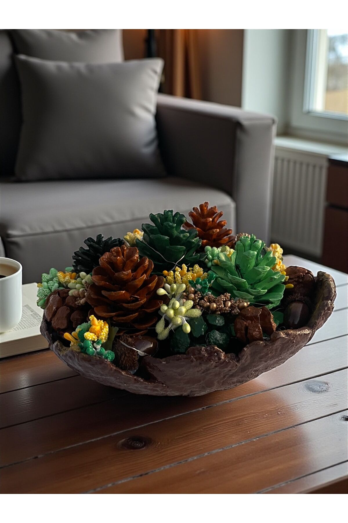 Tasarım Dekoratif kaseler Kozalak Dekoratif kase Led ışıklı Kase 25×22 cm Kahverengi kozalak