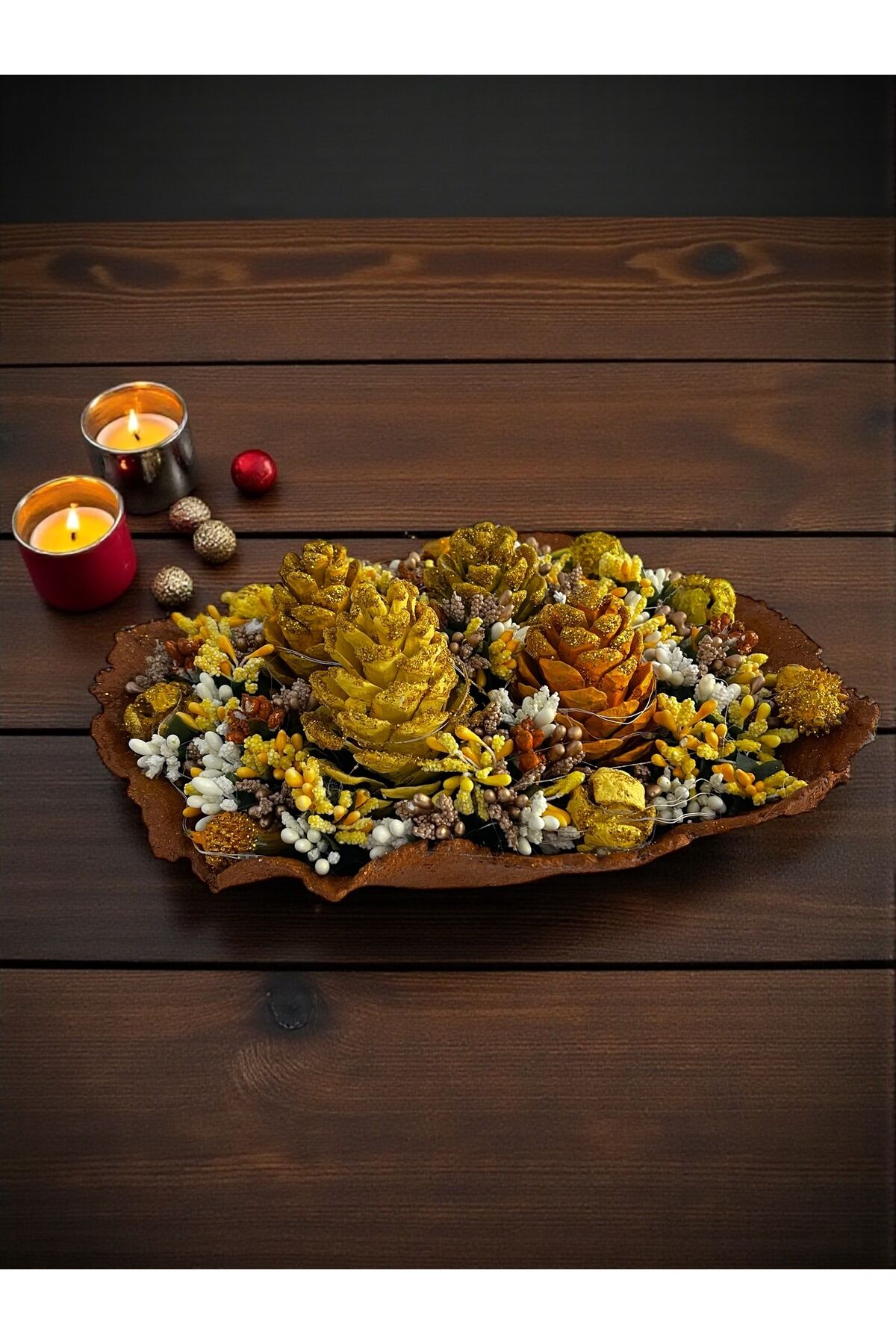 Tasarım Dekoratif kaseler Kozalak Dekoratif kase Led ışıklı Kase 25×22 cm Altın kozalak