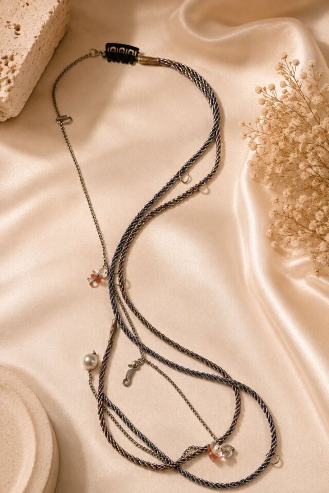 Bohem Altın Renk Saç Zinciri Turkuaz Boncuk ve Kristal Charm Detaylı Festival Plaj Hair Wrap deniz atı Saç Aksesuarı Çok Renkli