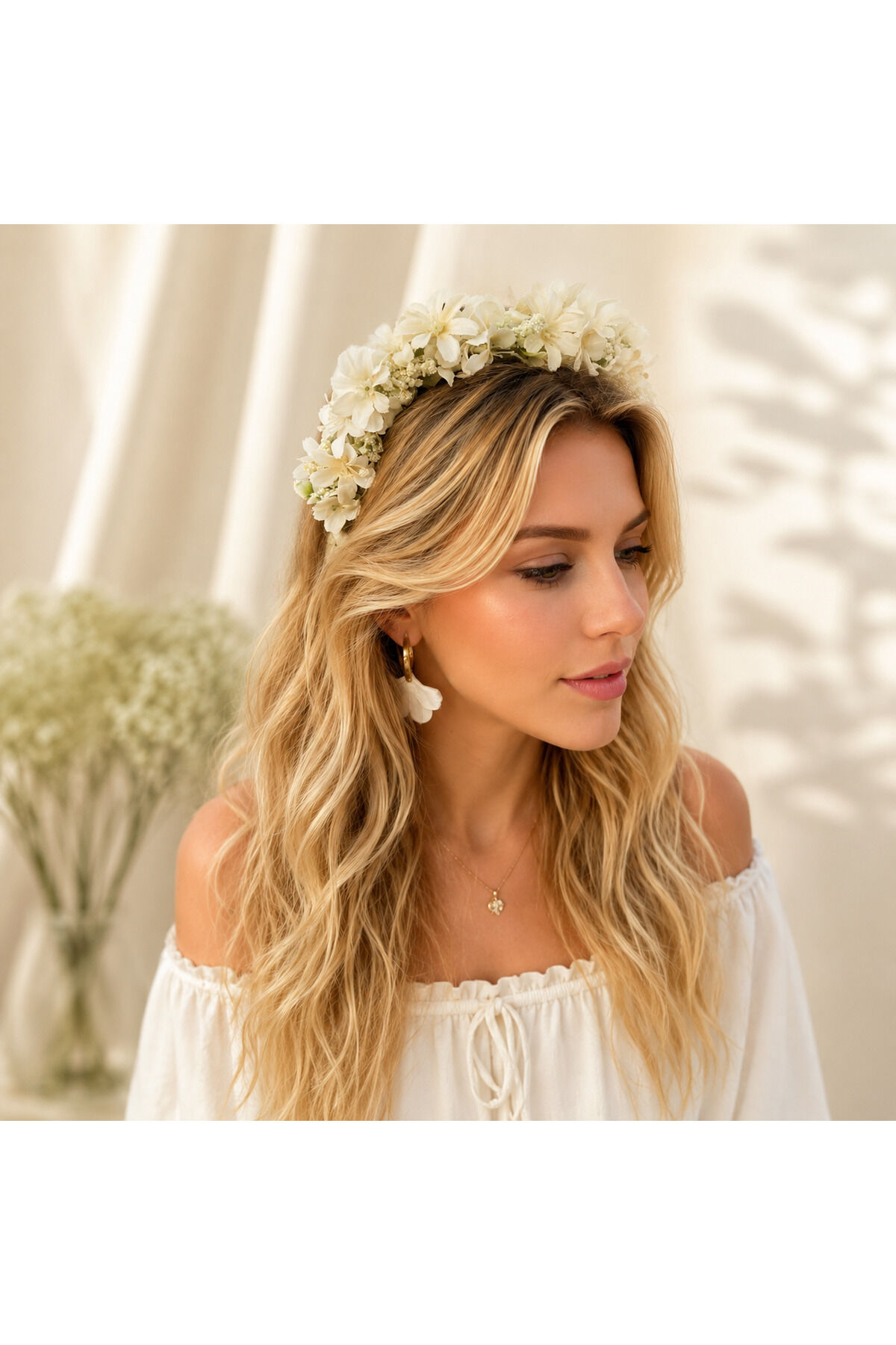 Ekru Ortanca Çiçekli Taç Boho Gelin Tacı Düğün Tacı Nikah Tacı Kına Tacı Festival Saç Aksesuarı El Yapımı Çiçek Taç