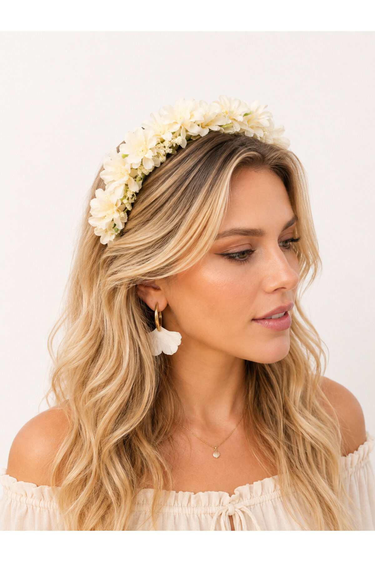 Ekru Ortanca Çiçekli Taç Boho Gelin Tacı Düğün Tacı Nikah Tacı Kına Tacı Festival Saç Aksesuarı El Yapımı Çiçek Taç