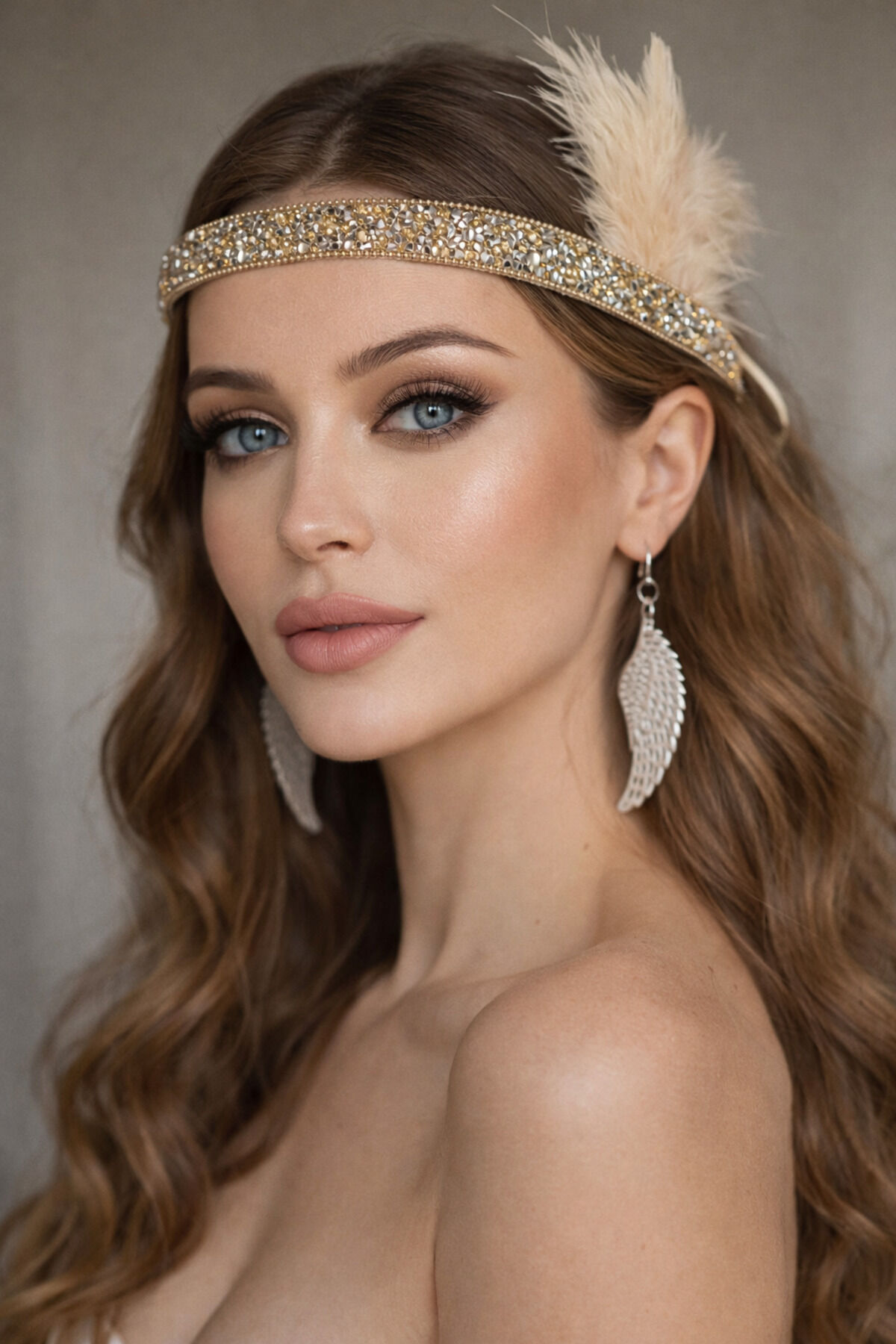 Gatsby taç tüy detaylı taşlı taç tasarım taşlı taç parti taç