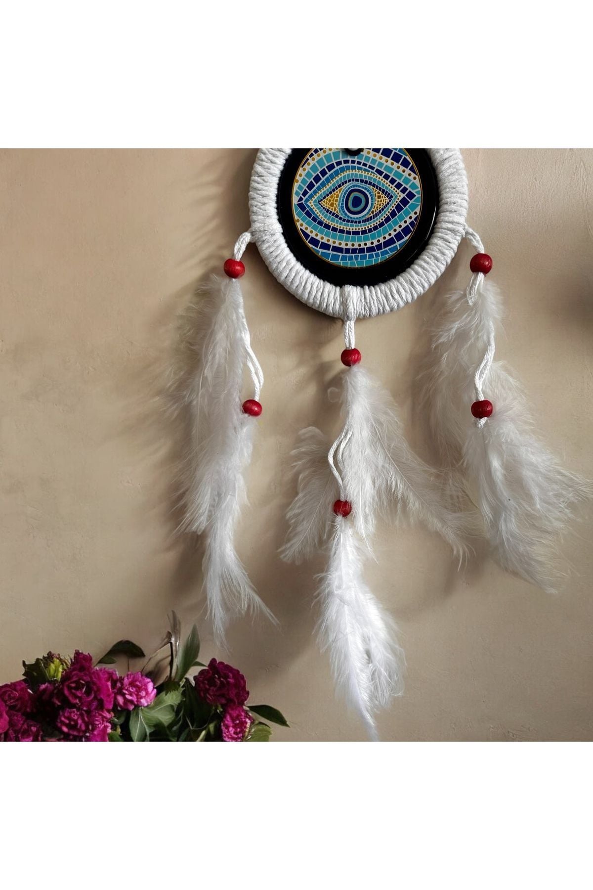 Düş Kapanı Porselen Nazar Boncuklu Hand Made Dreamcatcher Kötü Göz Kovucu Rüya Kapanı Duvar Süsü mavi göz