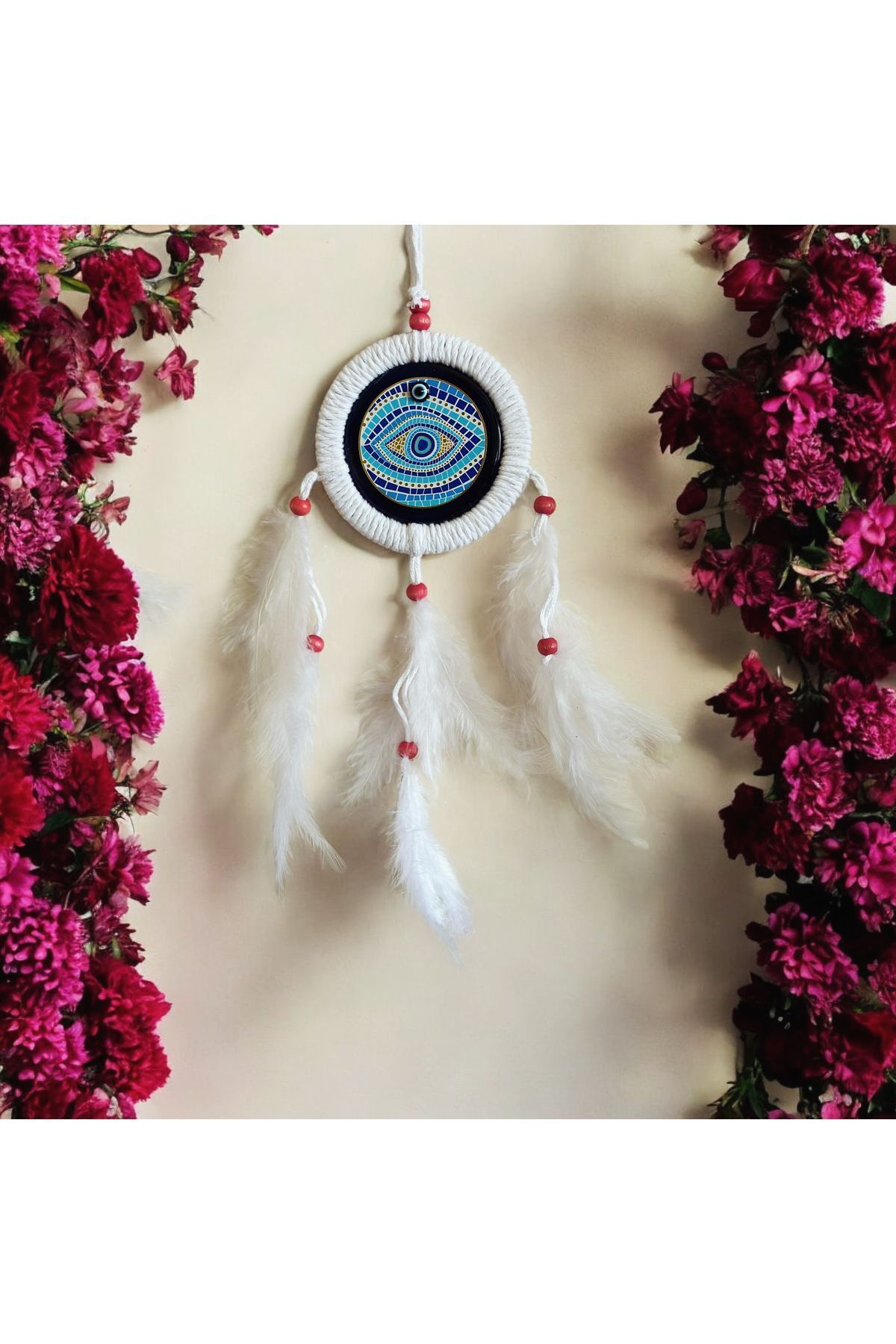 Düş Kapanı Porselen Nazar Boncuklu Hand Made Dreamcatcher Kötü Göz Kovucu Rüya Kapanı Duvar Süsü mavi göz