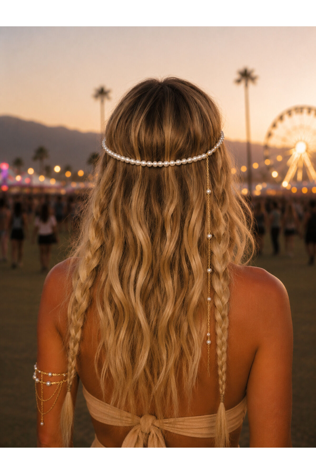 İnci ve zincirli taç Bohem Saç Tacı | Festival Saç Aksesuarı | Altın Renk Zincirli Hair Chain