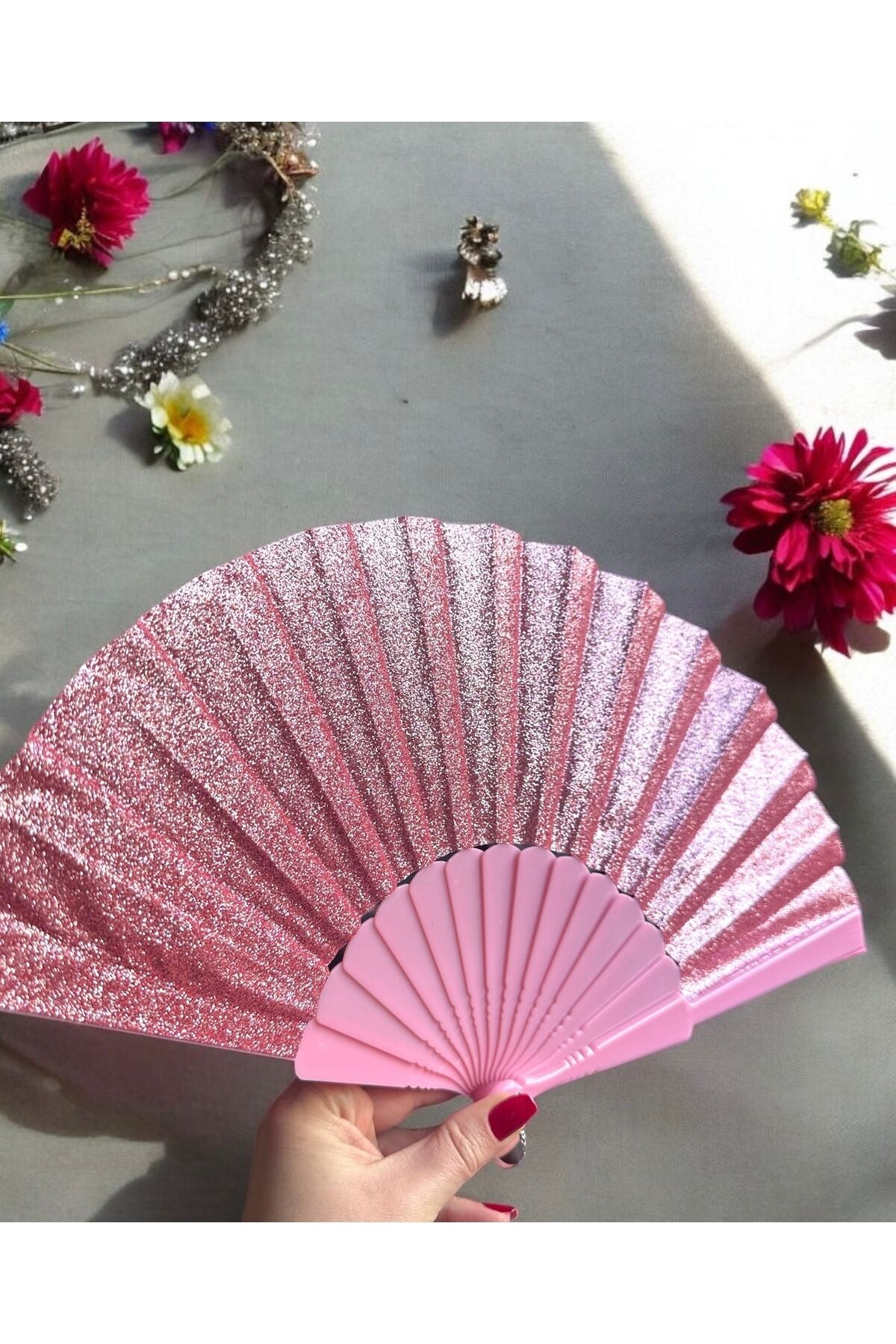 Simli yelpaze Parlak taşınabilir lüks yelpaze düz simli serinletici şık yelpaze Pembe