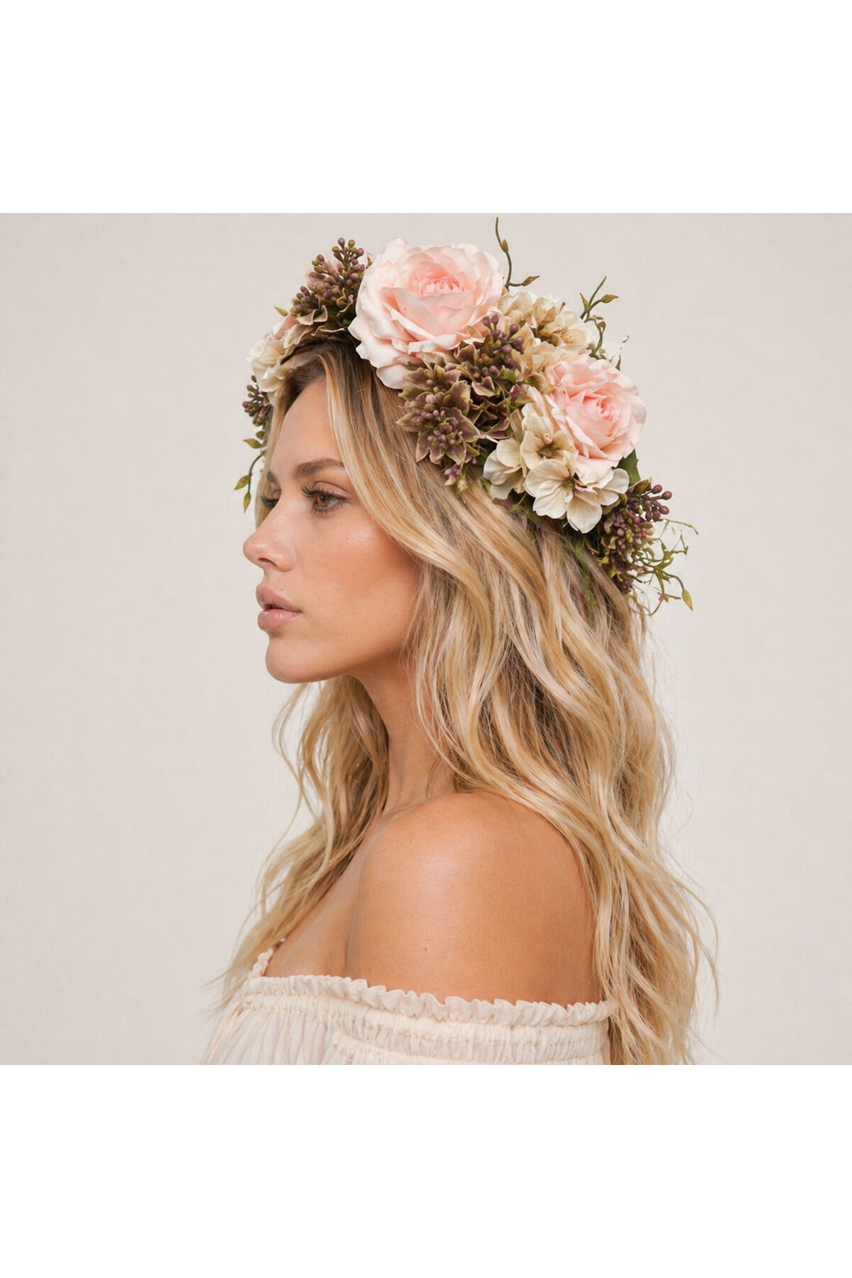 Tasarım Çiçekli Taç Gelin Taç Bride Taç Festival tacı Beyaz Gül taç