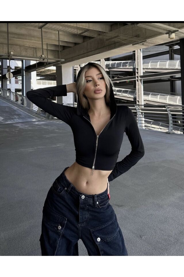 Kapüşonlu streetwear çift fermuarlı croptop Çift Fermuarlı Crop Top siyah - L
