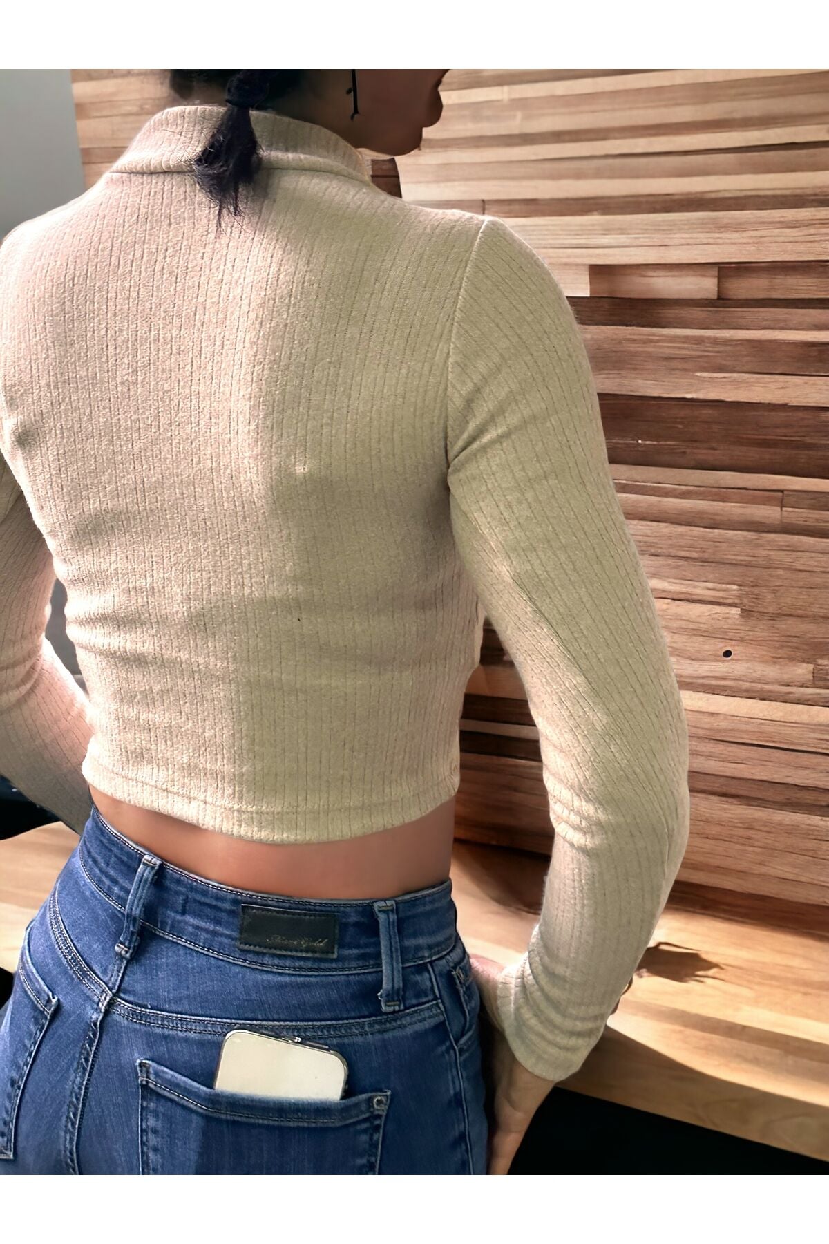 Yarım Balıkçı Yumuşak Dokulu Crop Kazak Peluş Dokulu Crop Kazak Fitted/vücuda Oturan Yumuşak Kazak sutlu kahve - S