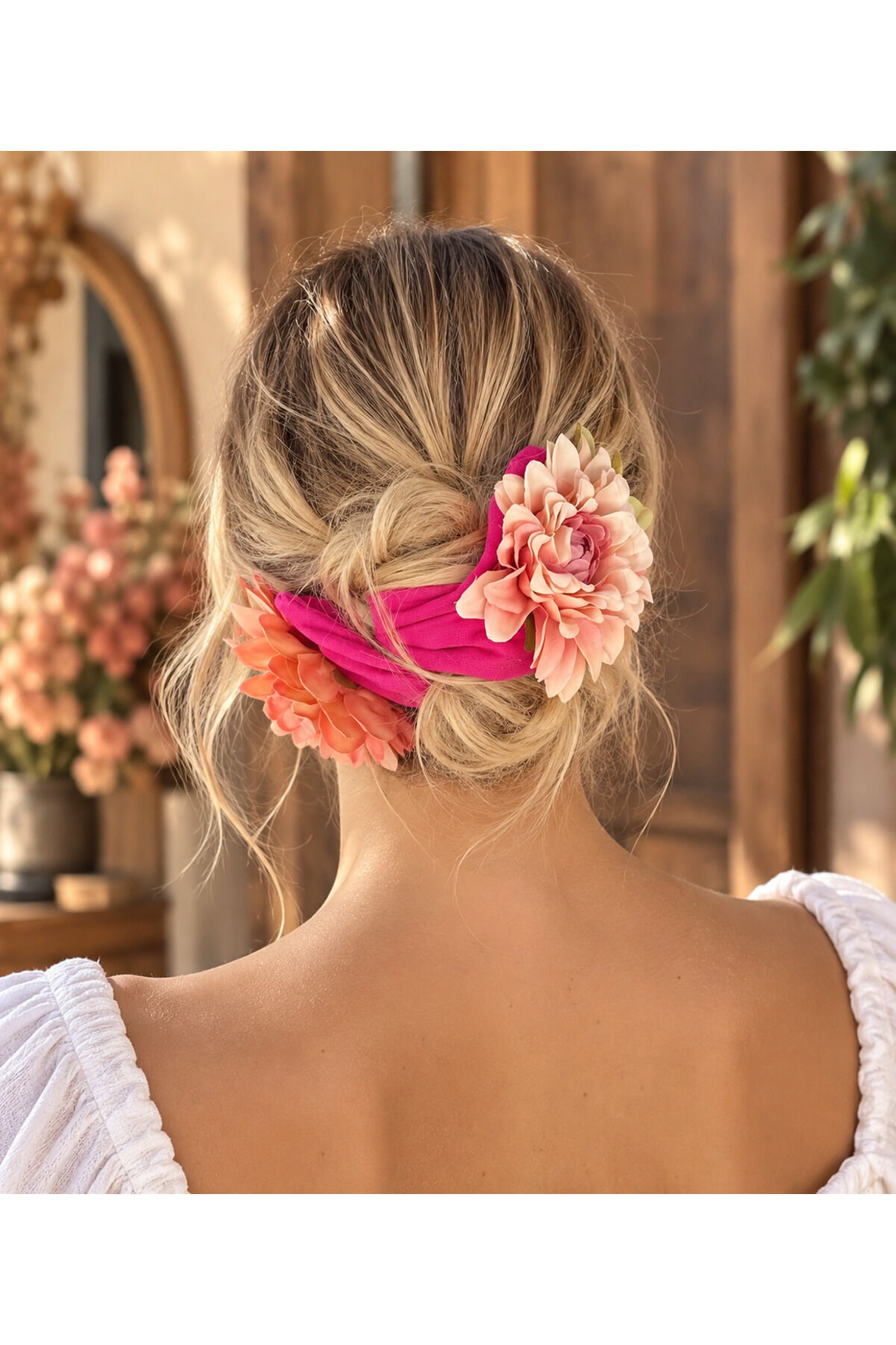 Çiçekli Telli Topuz Aparatı – Flower Bun Wrap | Kumaş Saç Aksesuarı