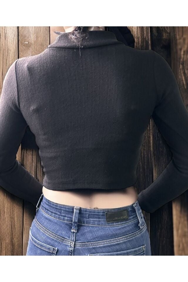 Yarım Balıkçı Yumuşak Dokulu Crop Kazak Peluş Dokulu Crop Kazak Fitted/vücuda Oturan Yumuşak Kazak siyah - M