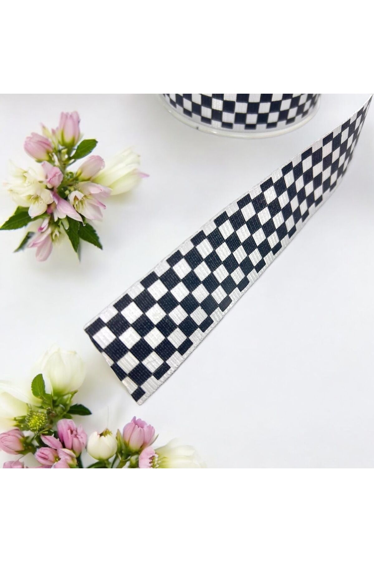 Dama Desen/ekose Siyah Beyaz Kurdele dama desenli grogren kurdele (3cm Genişlik - 2 metre) Siyah- beyaz kare