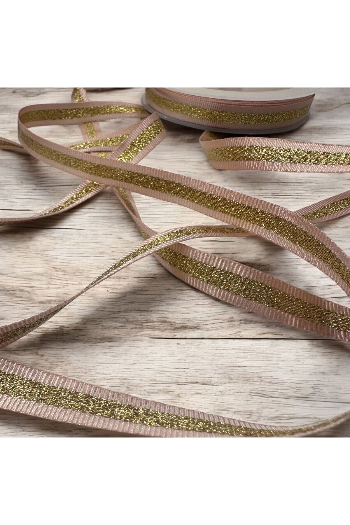 Grogren Kurdele parlak simli şerit kurdele 2 metre 1 cm simli paketleme kurdele pembe-altın