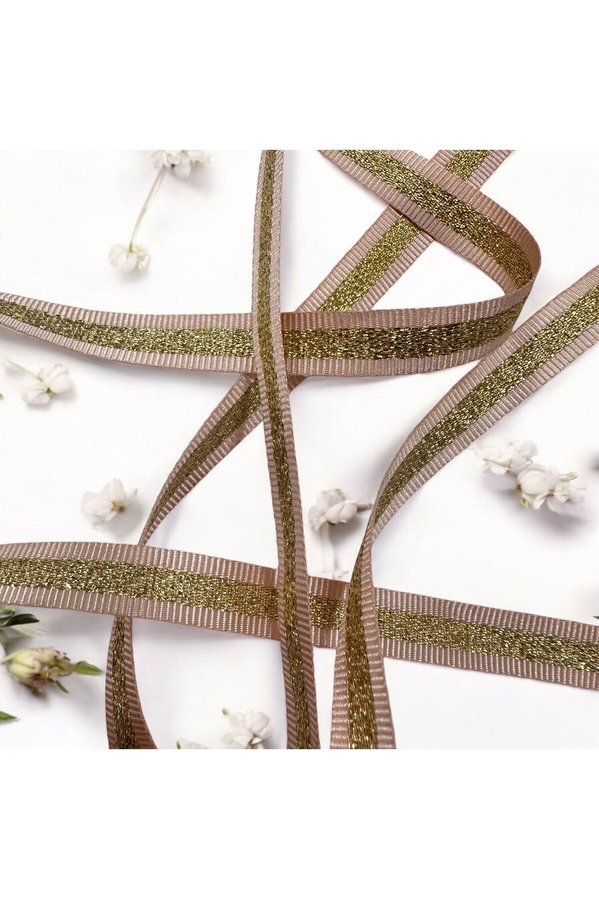 Grogren Kurdele parlak simli şerit kurdele 2 metre 1 cm simli paketleme kurdele pembe-altın