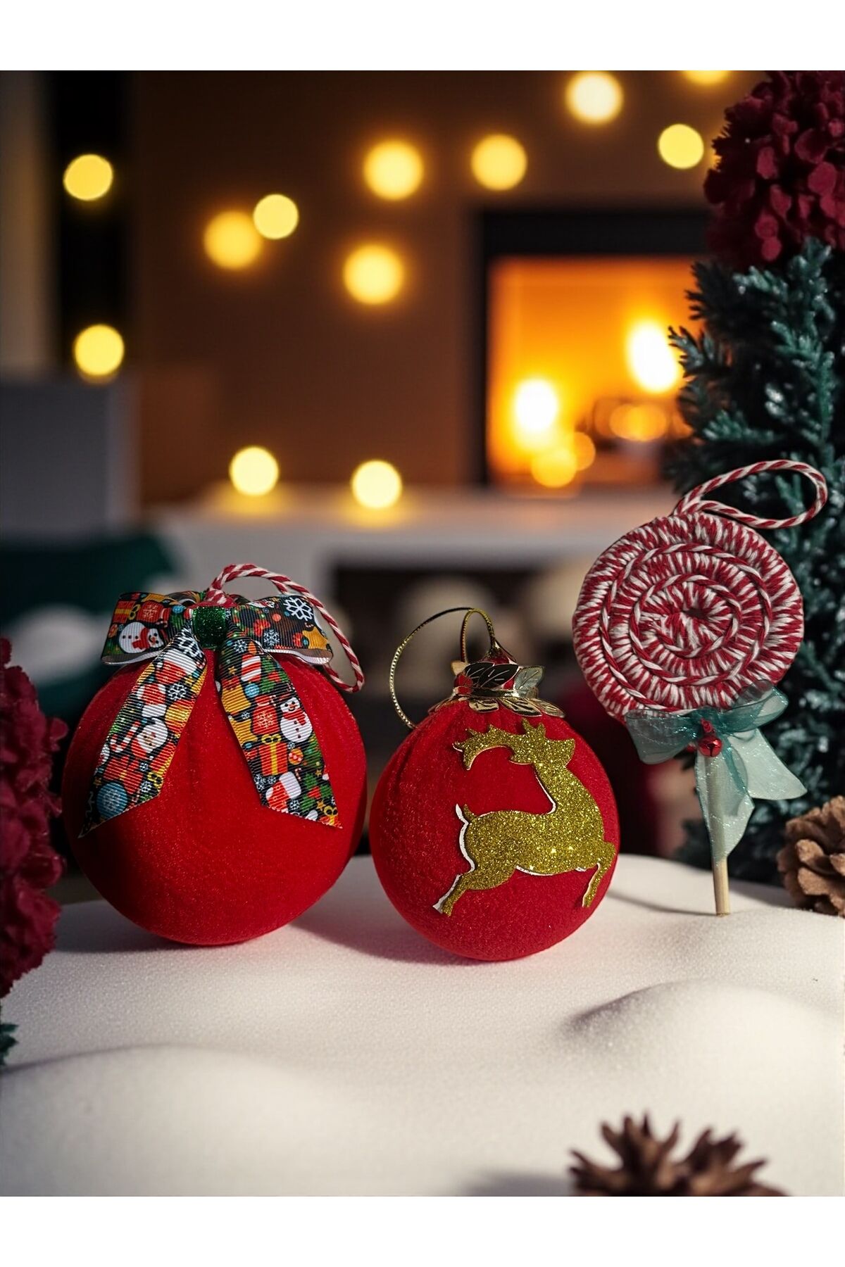 Büyük Küre yılbaşı süsü şeker kamışı yılbaşı seti handmade