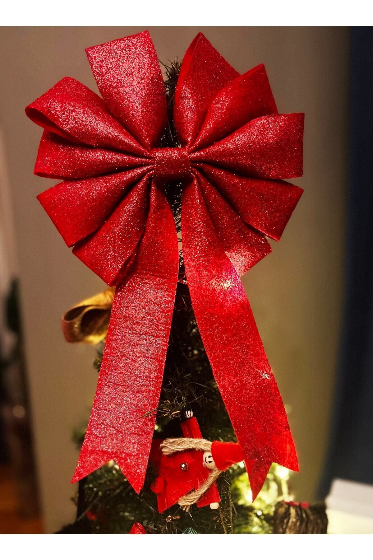Kırmızı Simli Büyük Fiyonk Dekor Yılbaşı Çam Ağacı Süs Fiyonk 35x25 Cm