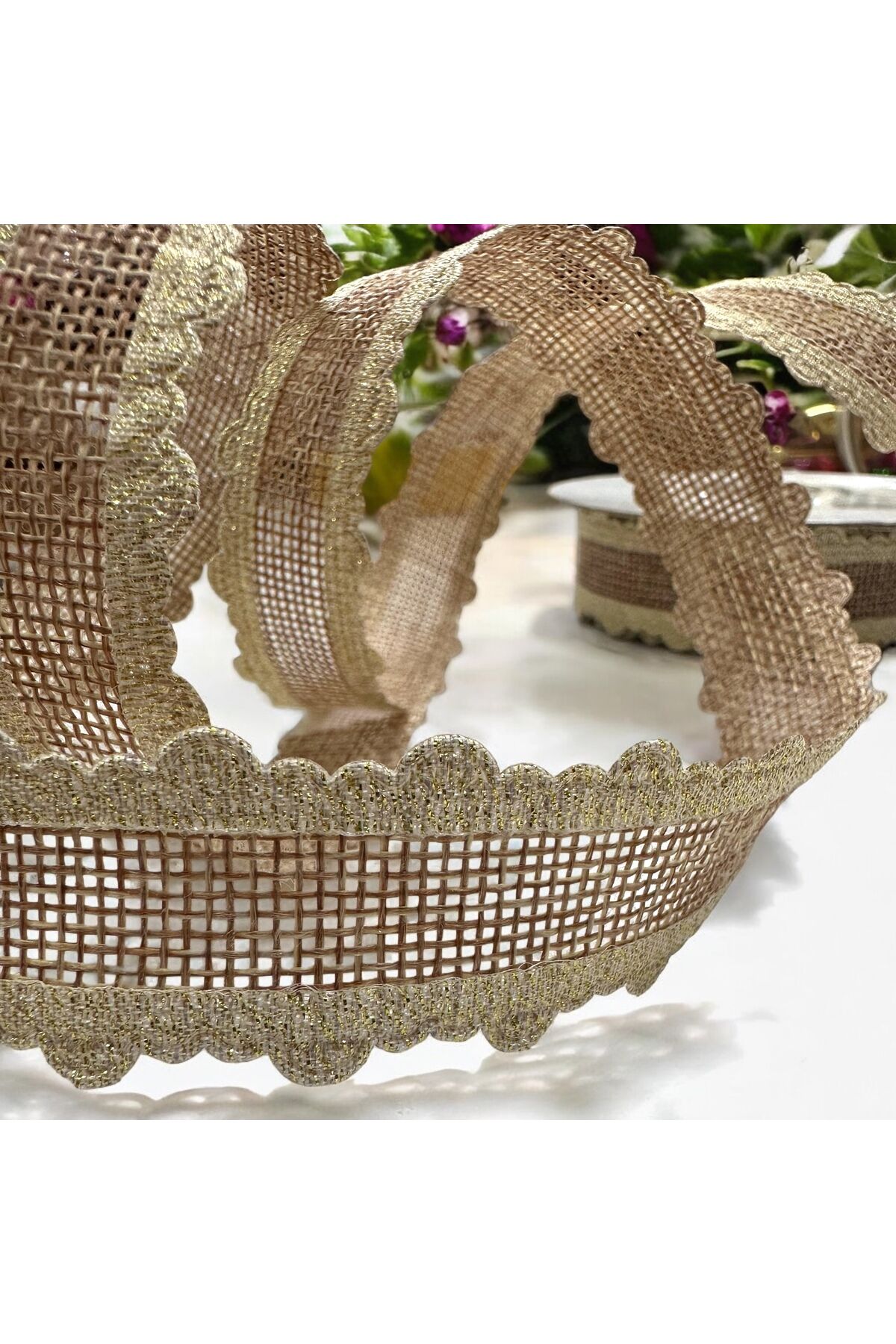 Kenarı Simli Jüt Kurdele Şerit Paketleme, Süs, Kurdele Şerit. Hasır simi kurdele 2 metre 2 cm rose altın simli