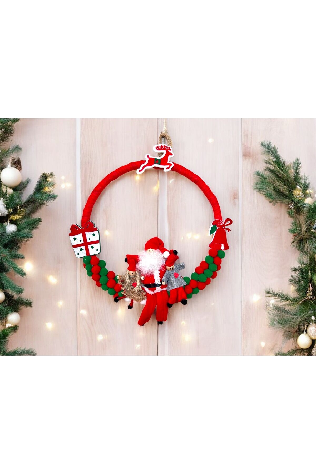 Noel Baba Kapı Süsü Yılbaşı Kapı Çelengi pon pon Yeniyıl Dekor yılbası duvar süsü 35x35 cm