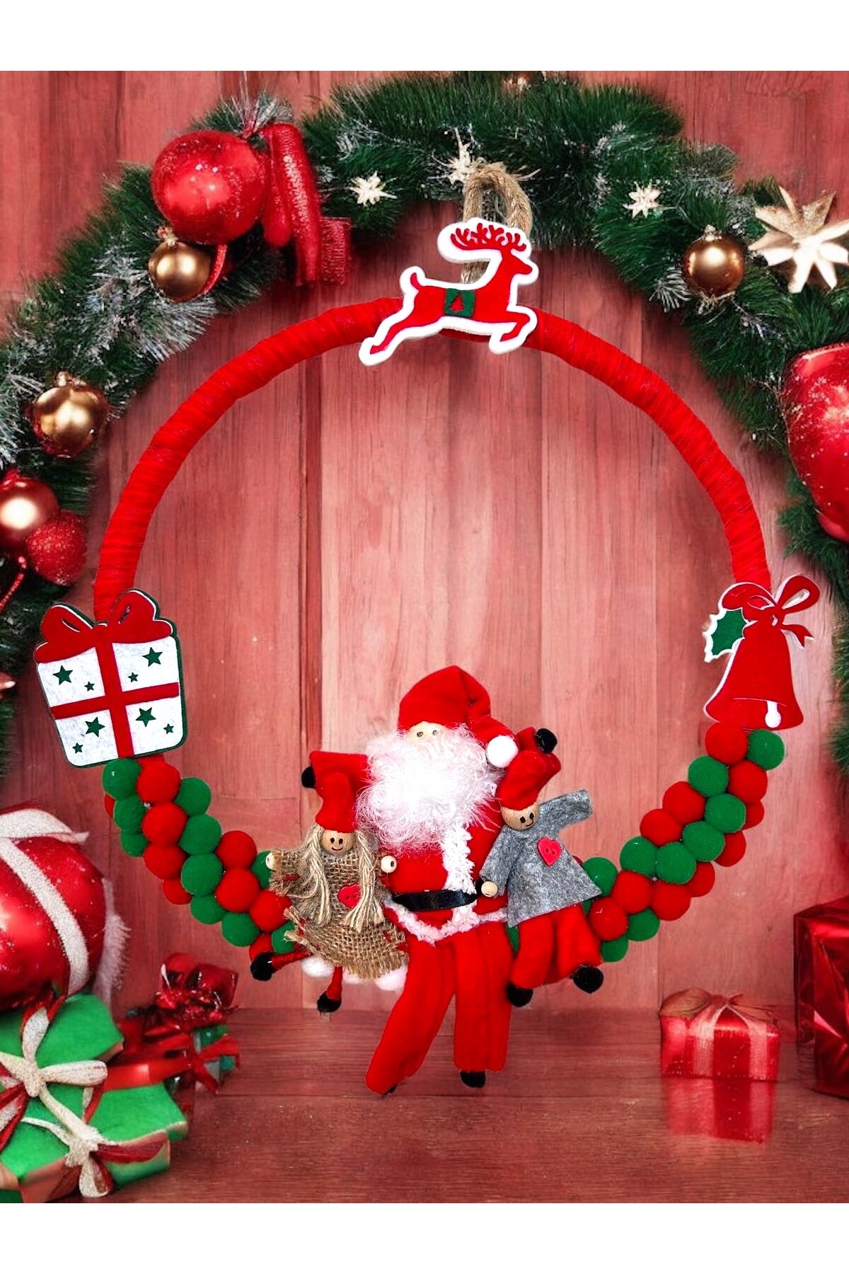 Noel Baba Kapı Süsü Yılbaşı Kapı Çelengi pon pon Yeniyıl Dekor yılbası duvar süsü 35x35 cm