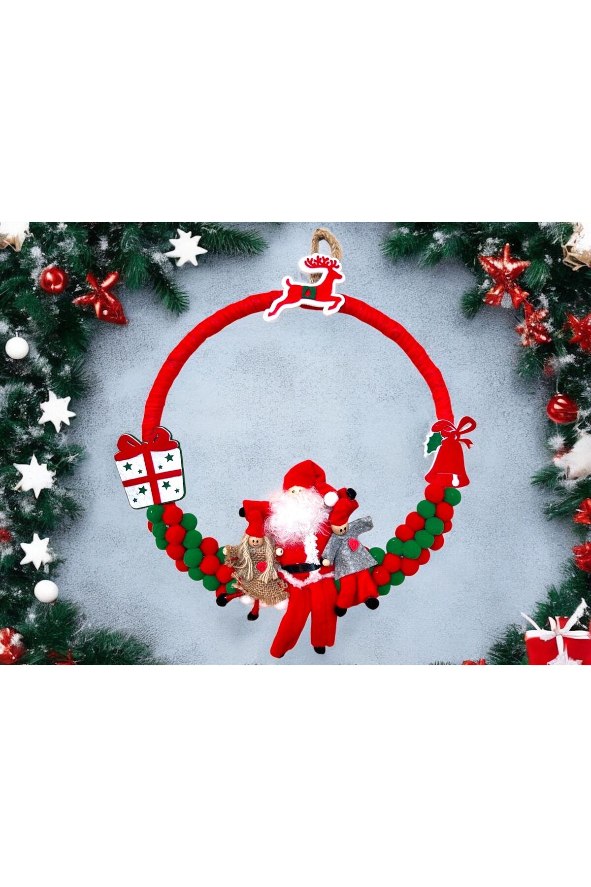 Noel Baba Kapı Süsü Yılbaşı Kapı Çelengi pon pon Yeniyıl Dekor yılbası duvar süsü 35x35 cm