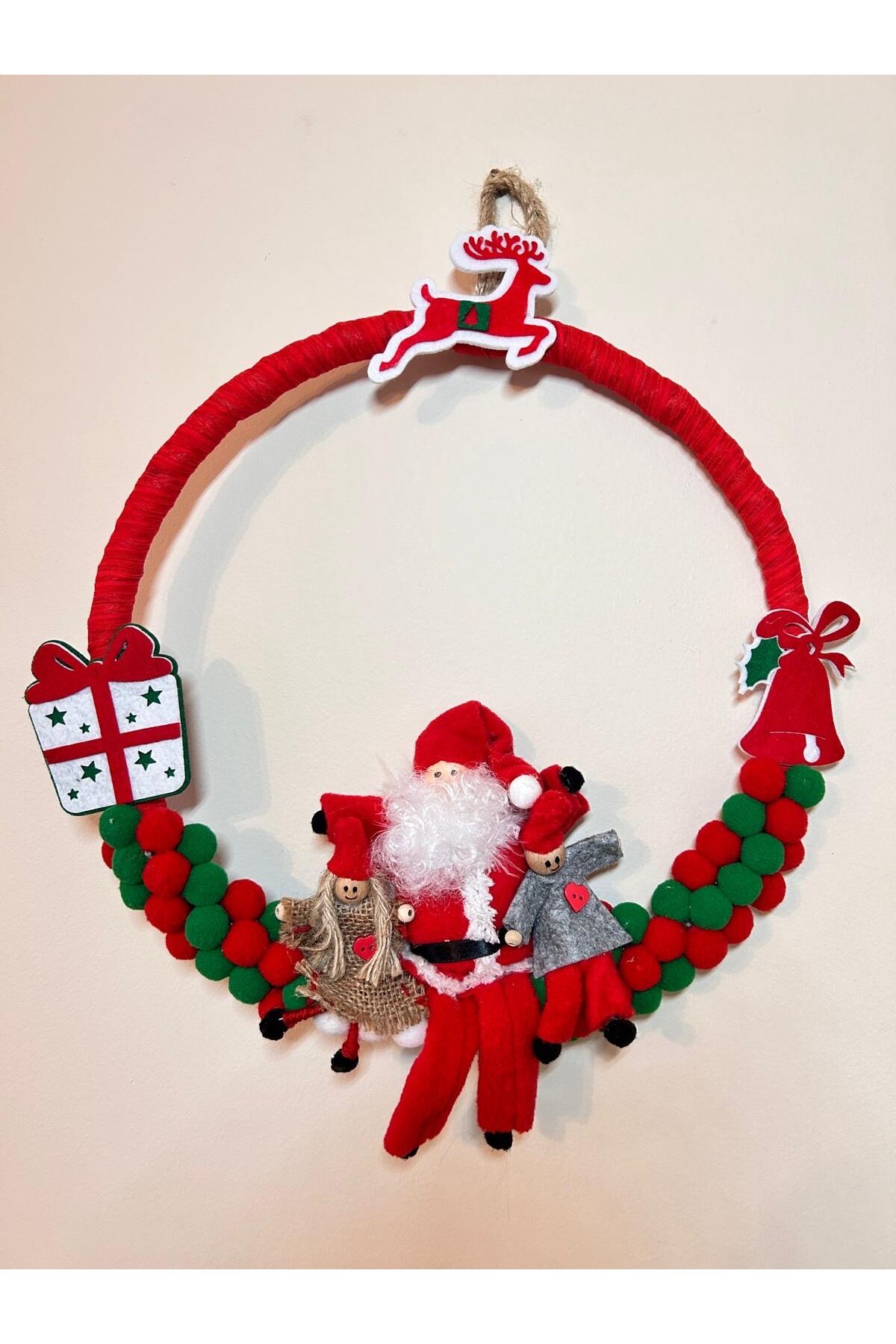 Noel Baba Kapı Süsü Yılbaşı Kapı Çelengi pon pon Yeniyıl Dekor yılbası duvar süsü 35x35 cm