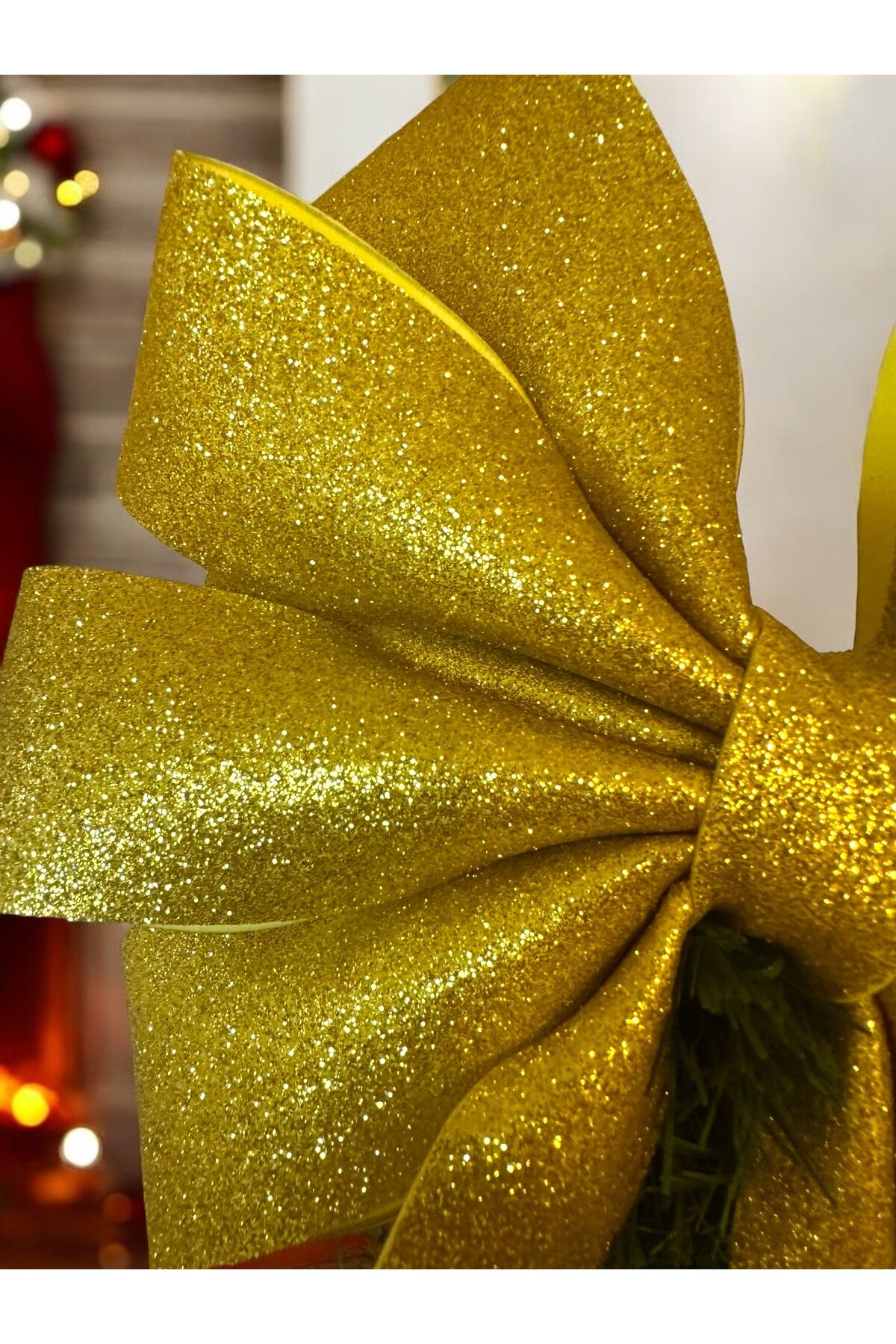 Simli Büyük Altın Fiyonk Dekor Yılbaşı Çam Ağacı Süs Fiyonk Buyuk simli dekoratif fiyonk 35x25 Cm