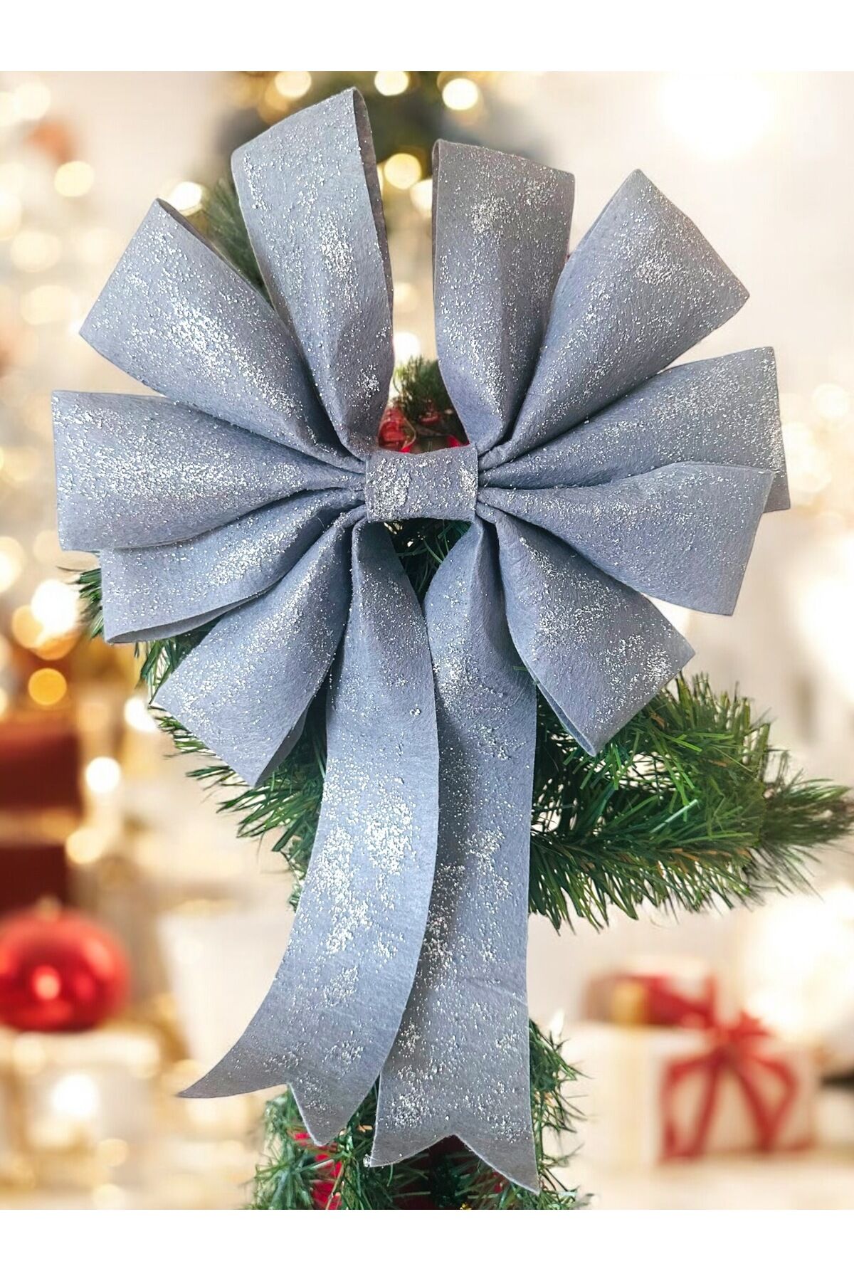 Simli Büyük Fiyonk Dekor Yılbaşı Çam Ağacı Süs Fiyonk Buyuk simli dekoratif fiyonk 35x25 Cm