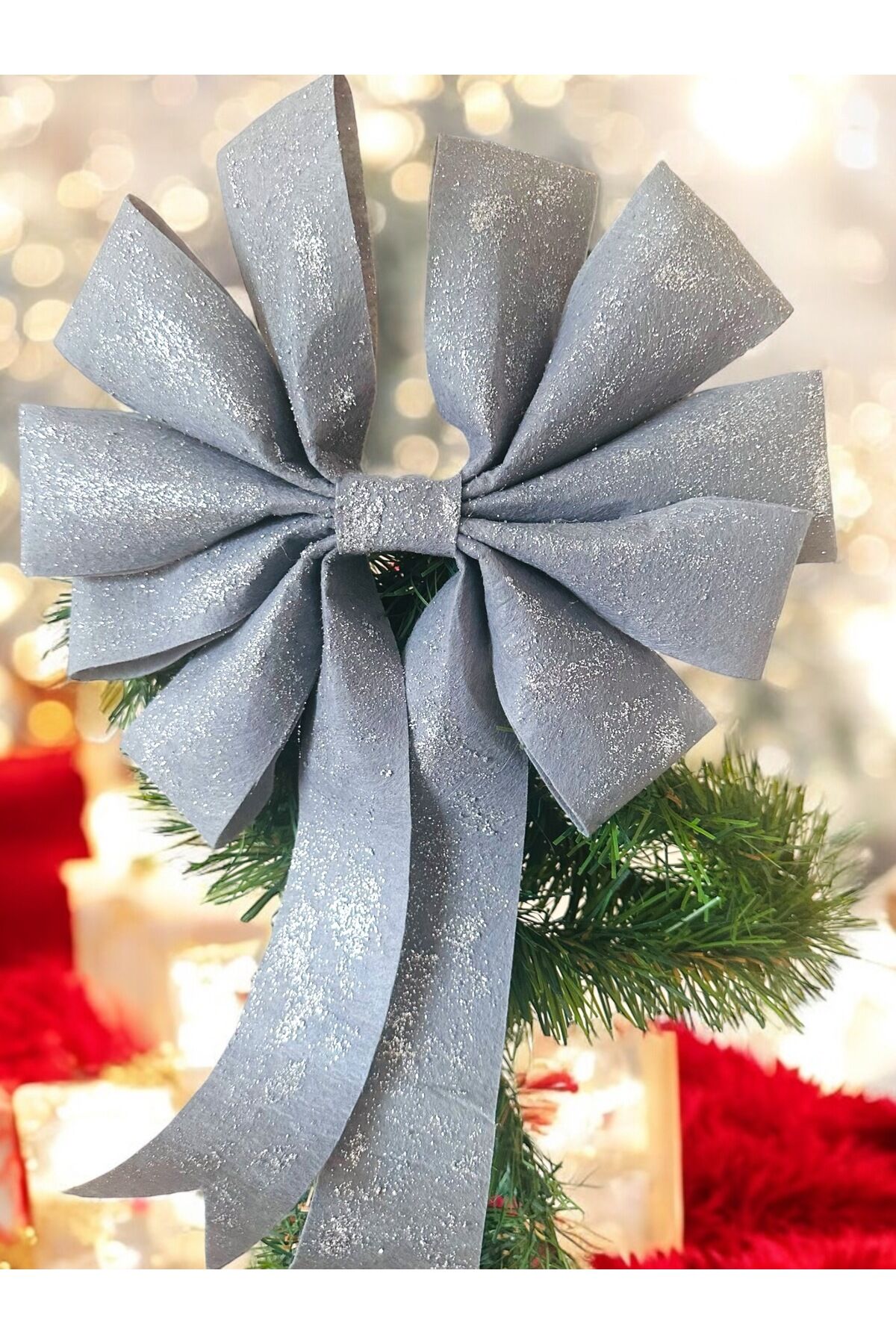 Simli Büyük Fiyonk Dekor Yılbaşı Çam Ağacı Süs Fiyonk Buyuk simli dekoratif fiyonk 35x25 Cm