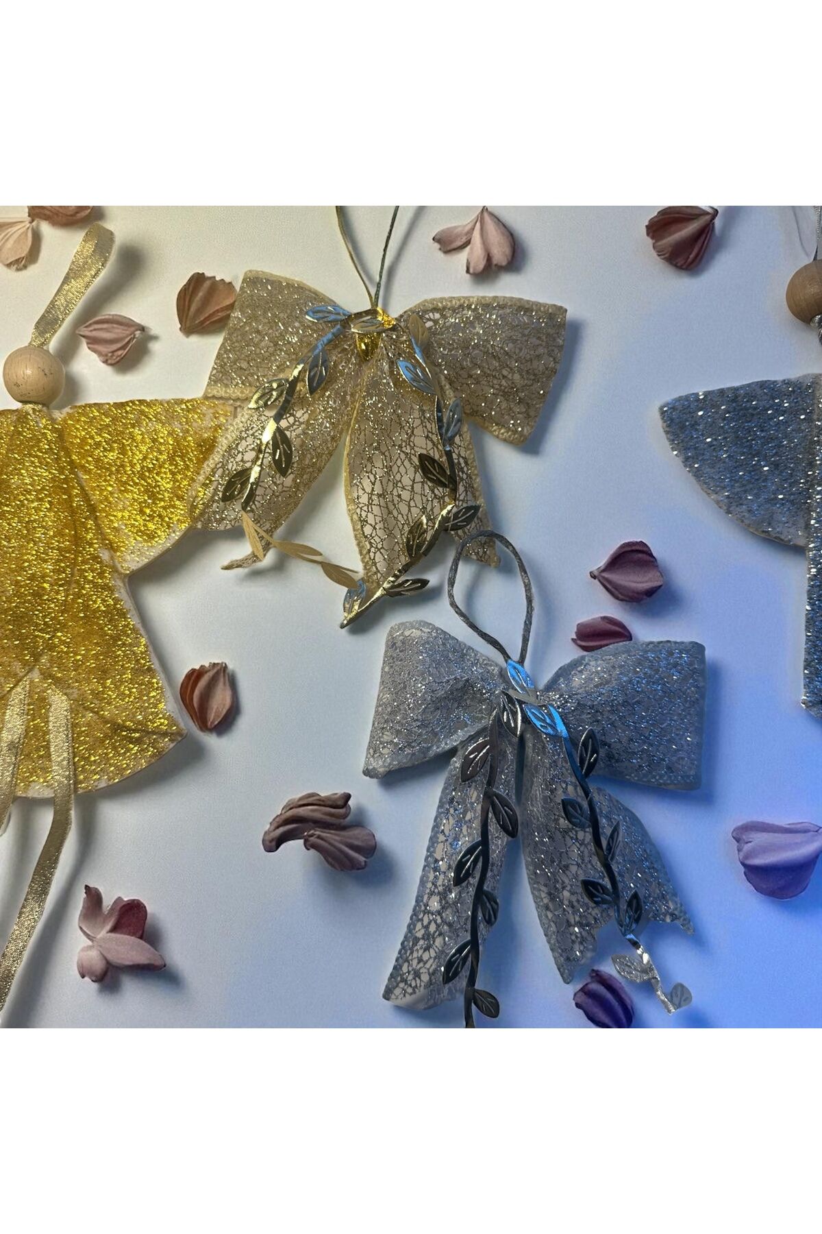 Yılbaşı ağacı süsü Melek Figürlü  Simli melek 4'lü Set, Altın ve Gümüş Renk Melek set 20x9 cm
