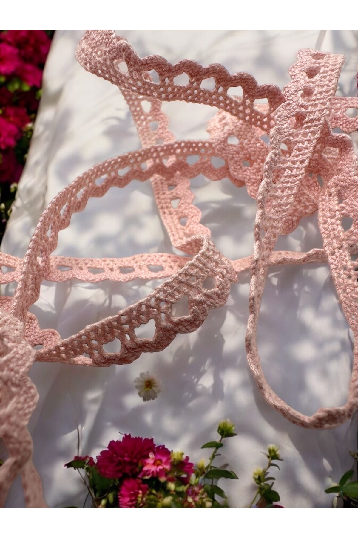 Pamuk kurdele Pamuk dantel Kurdele  pamuklu kurdele dantel şerit 1 cm 5 metre Pembe pudra