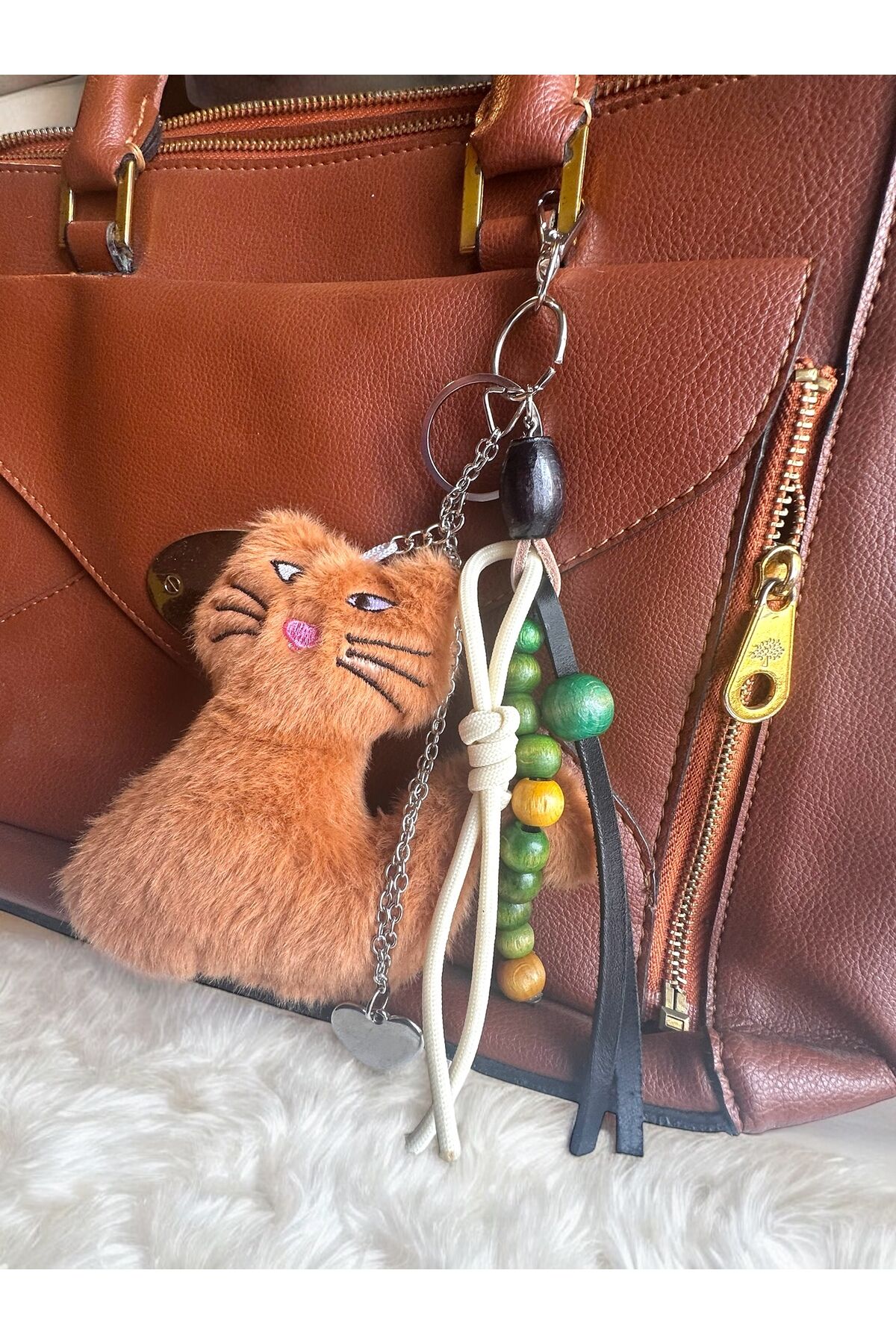 Çanta Aksesuarı Çanta Charmı  Peluş Kedi Çanta Charm Deri ve ip detaylı çanka aksesuarı