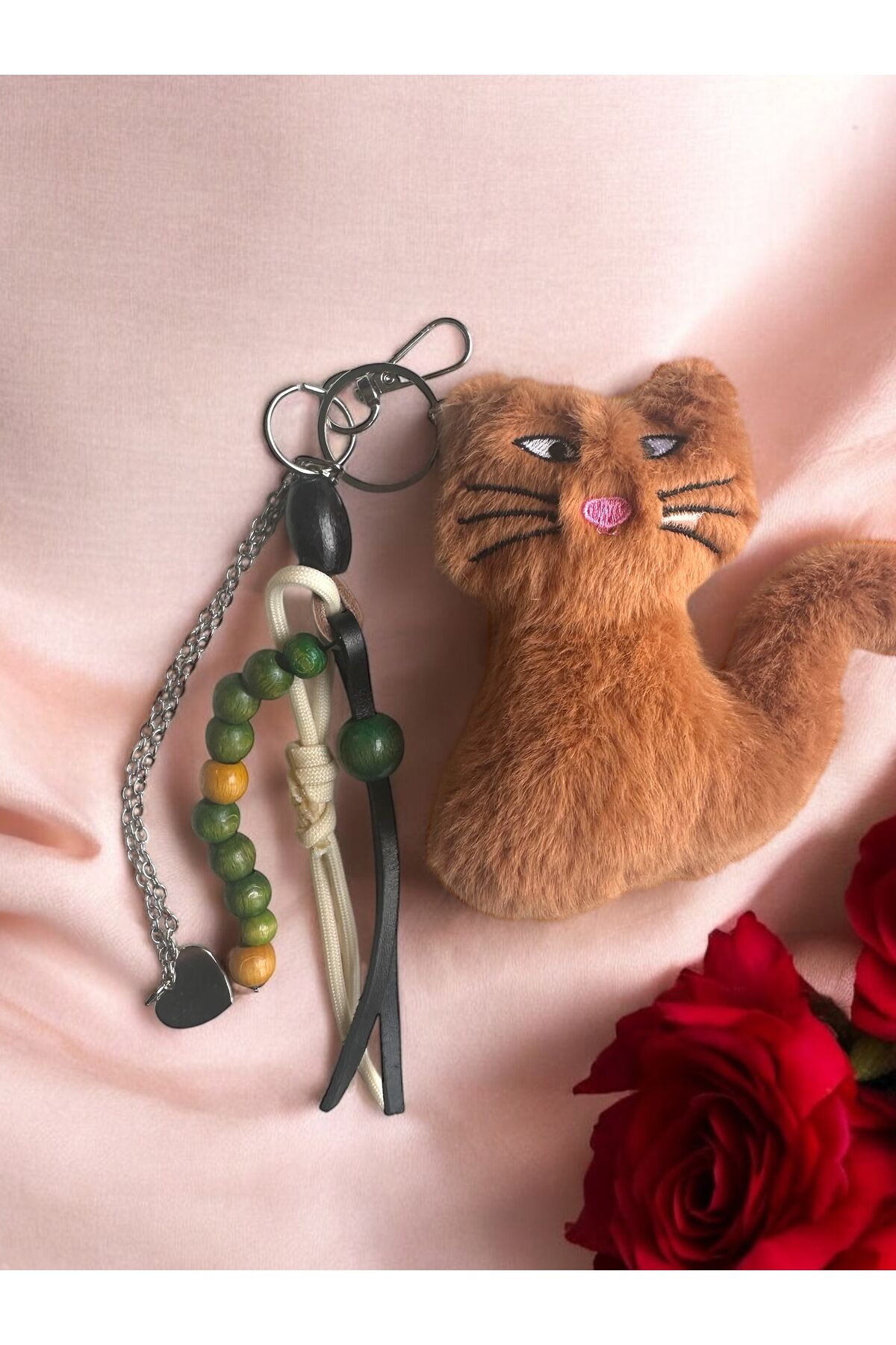 Çanta Aksesuarı Çanta Charmı  Peluş Kedi Çanta Charm Deri ve ip detaylı çanka aksesuarı