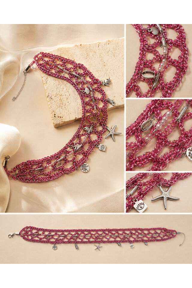 El Yapımı Tığ İşi Örgü Choker Kolye | Pembe Bohem Deniz Temalı Kadın Kolye | İnci ve Charm Detaylı Özel Tasarım