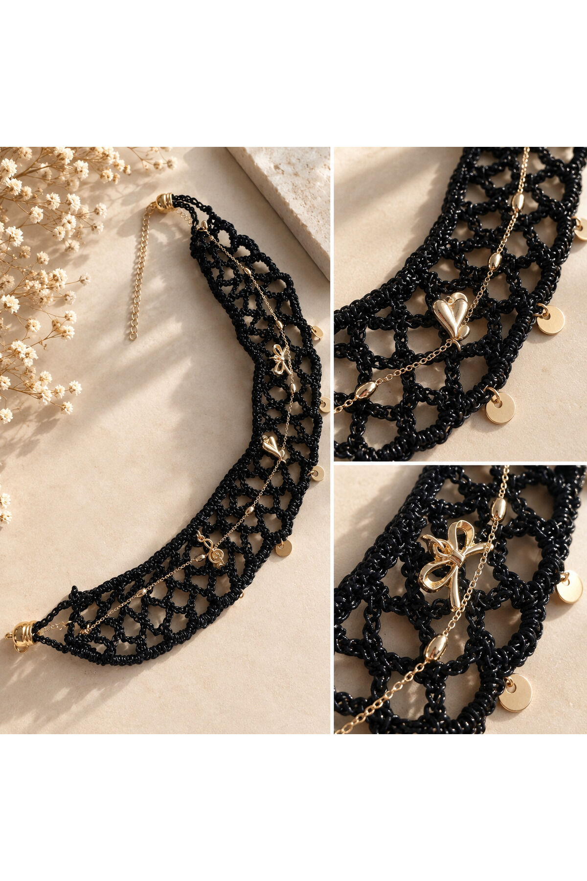 Kadın Siyah Choker Kolye Gold Detaylı Çoklu Katmanlı Tasarım Kolye Şık Bijuteri Kolye